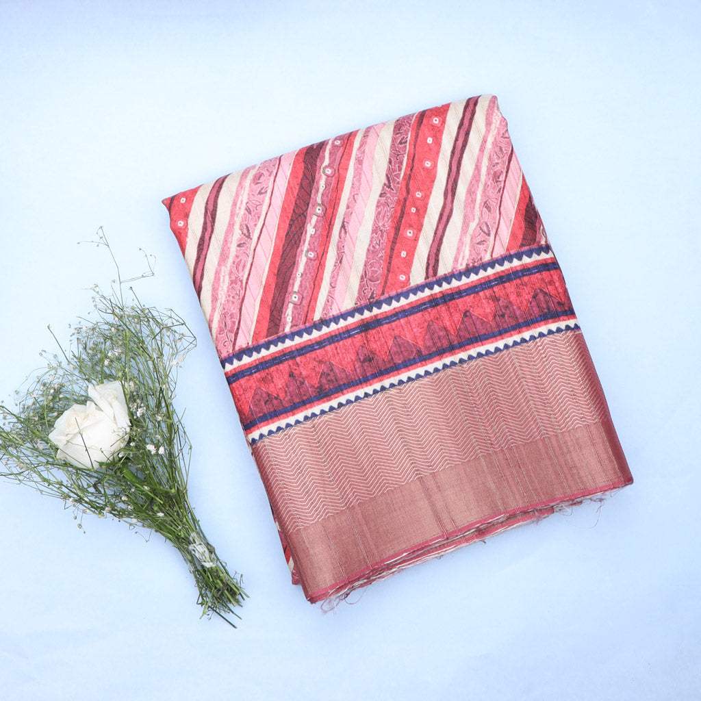 Pink Multicolor Tussar Printed Saree With Diagonal Stripes Pattern - Singhania's