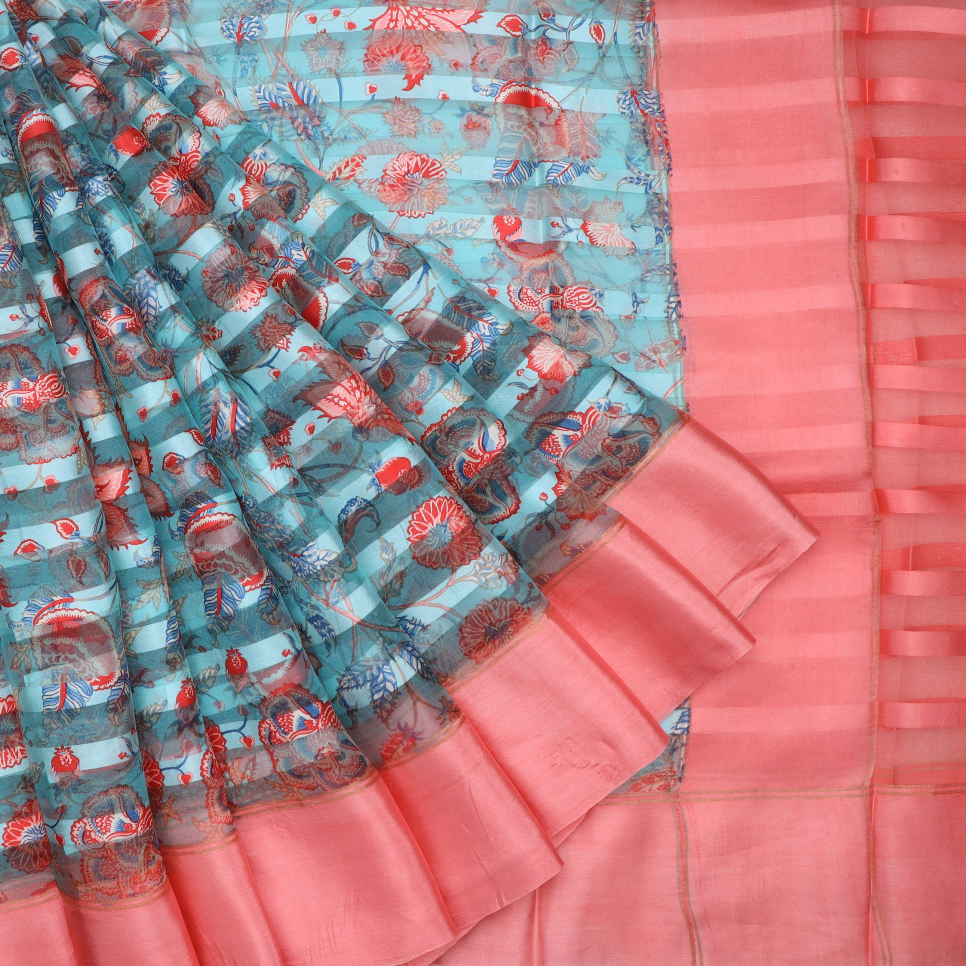 Pastel Blue Organza Saree With Floral Printed Pattern