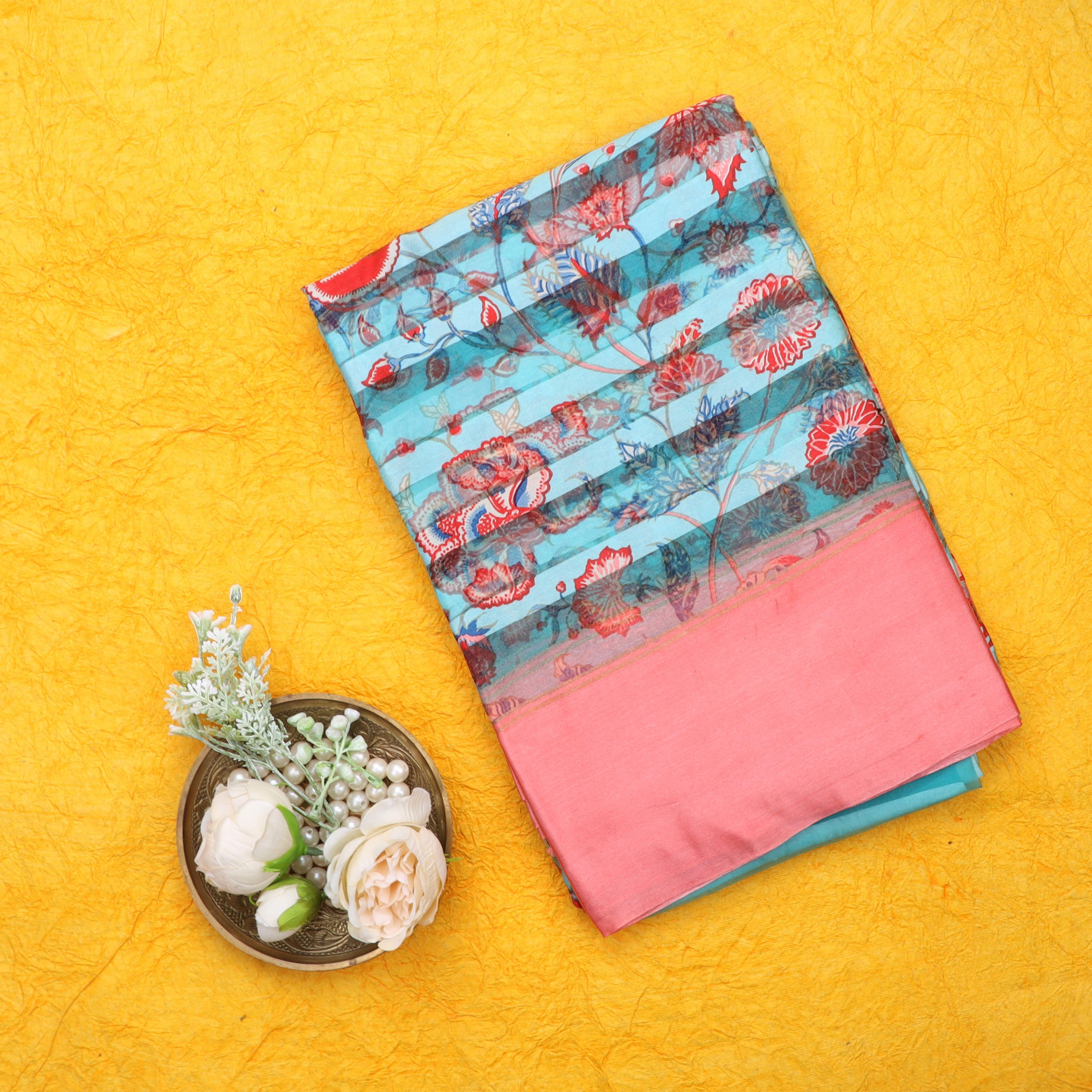 Pastel Blue Organza Saree With Floral Printed Pattern