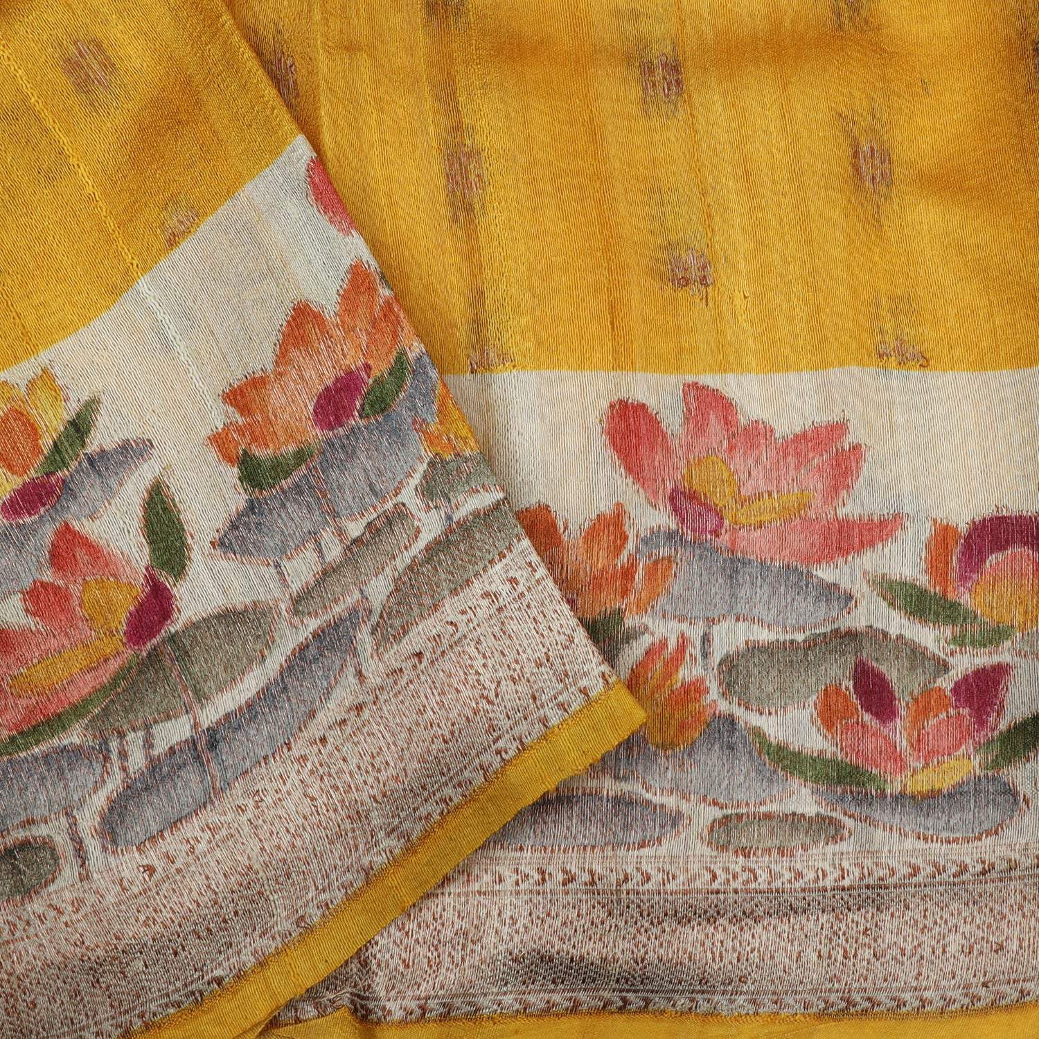 Earthy Grey Tussar Banarasi Silk Handloom Saree With Floral Motifs - Singhania's