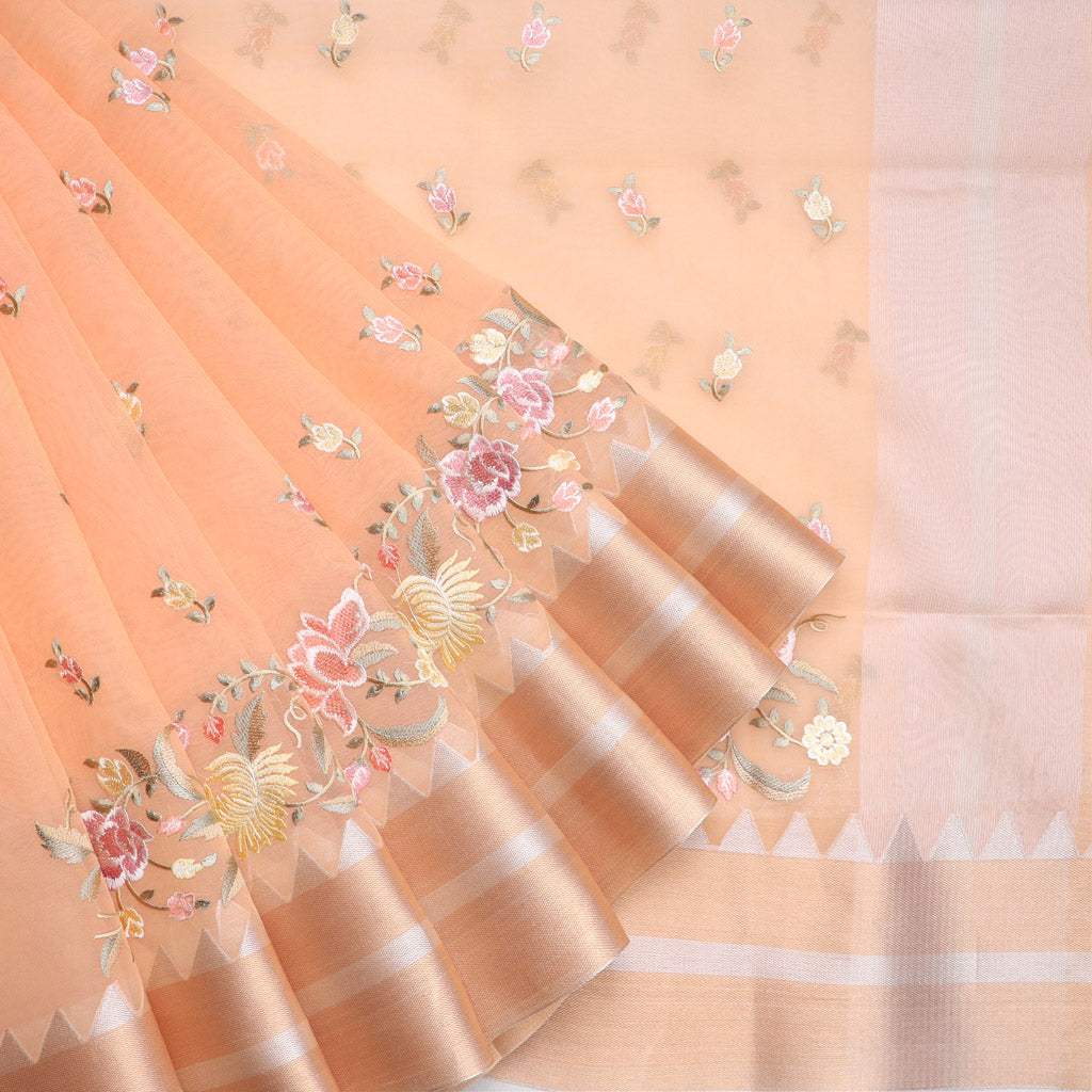 Pastel Orange Organza Saree With Floral Embroidered Pattern - Singhania's