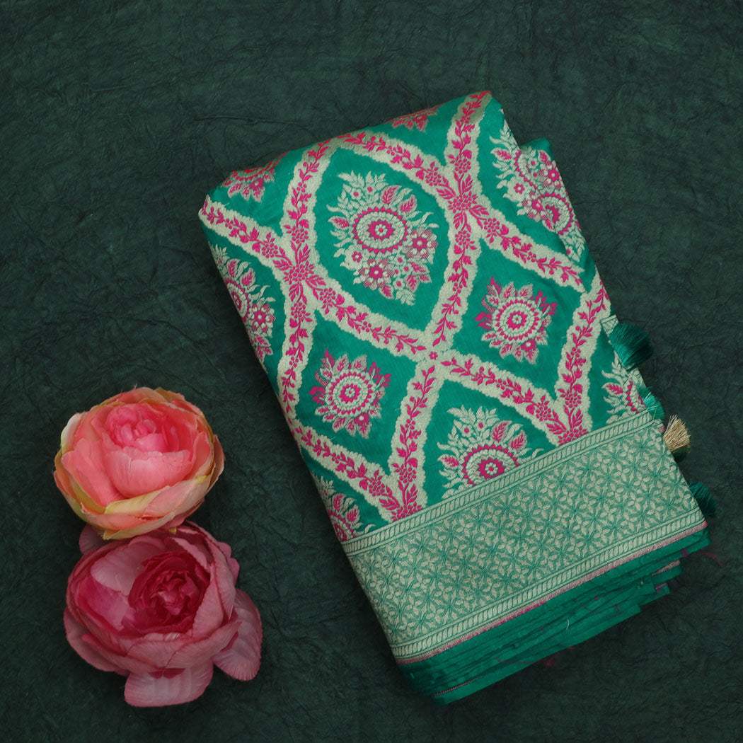 Teal Green Color Banarasi Silk Saree With Floral Pattern - Singhania's