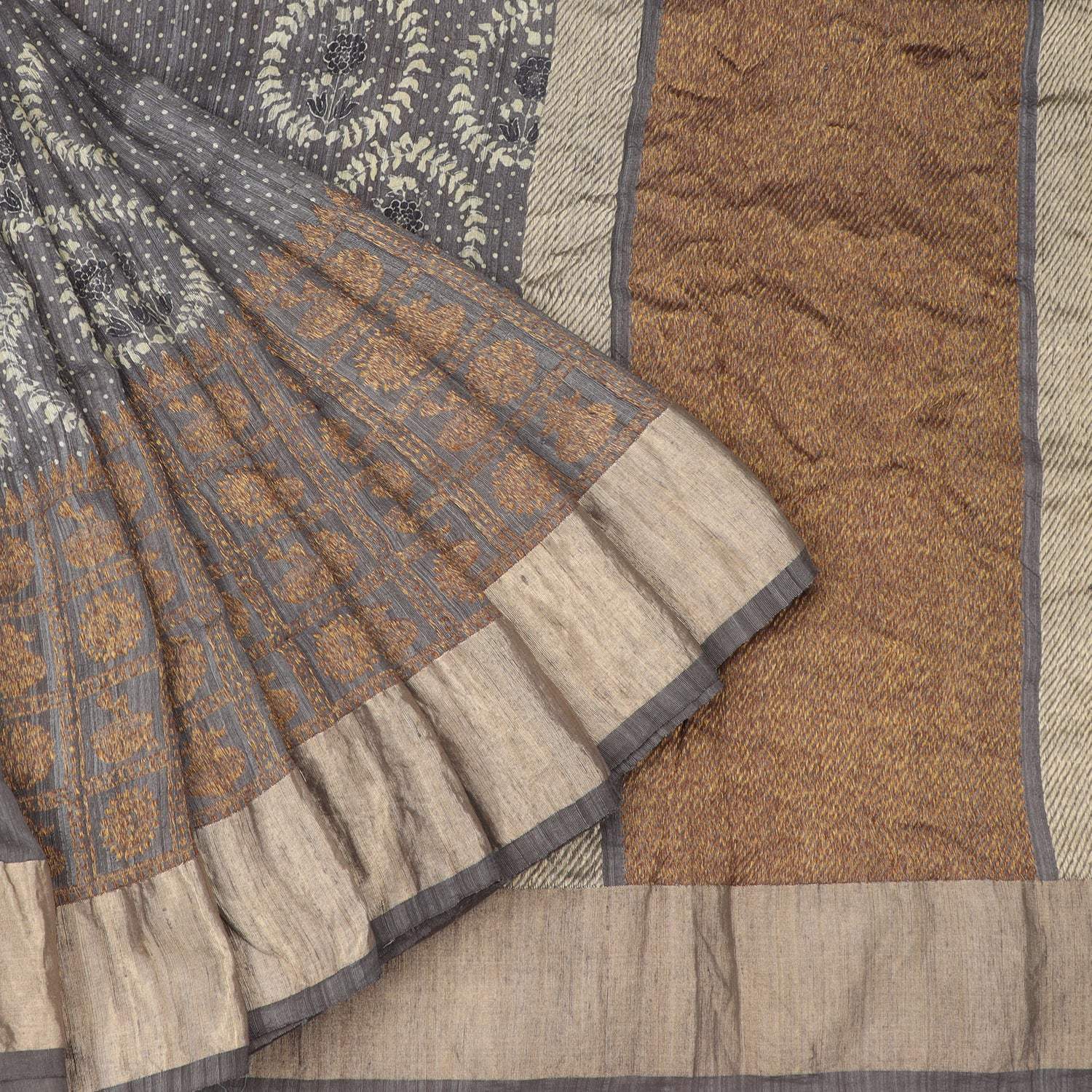 Earthy Grey Matka Saree With Printed Pattern - Singhania's