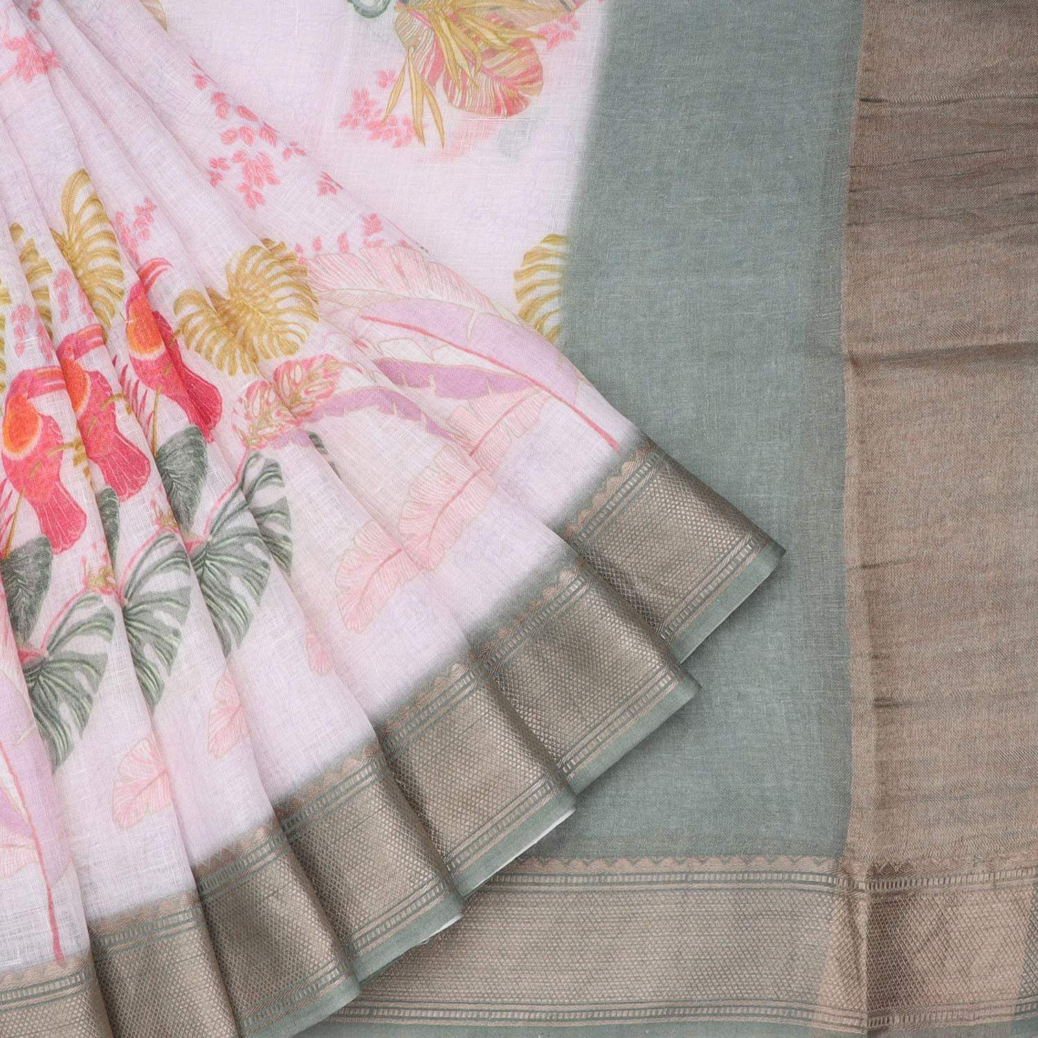 Cloud White Linen Saree With Printed Motifs - Singhania's