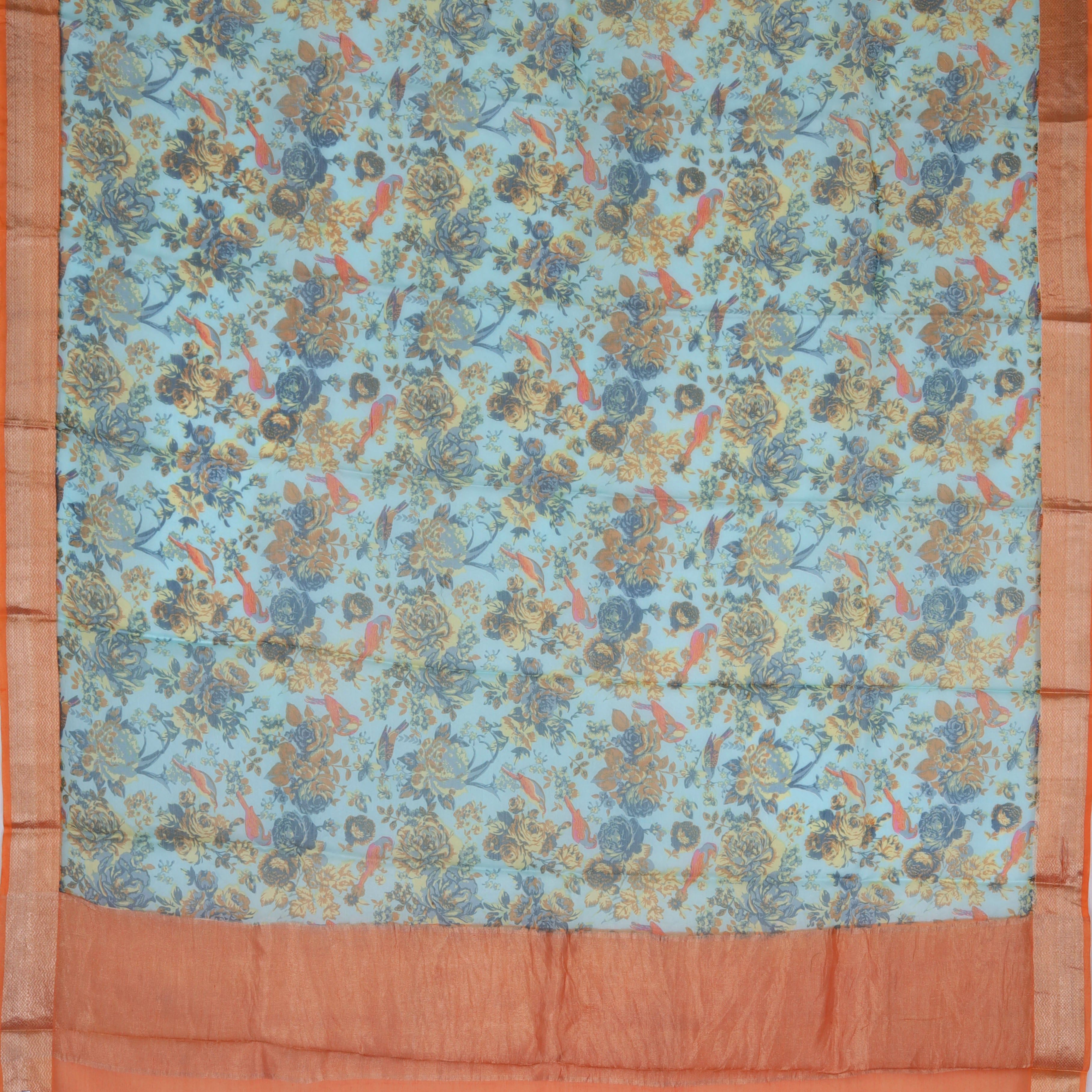 Blue Maheshwari Silk Saree With Printed Nature Inspired Pattern