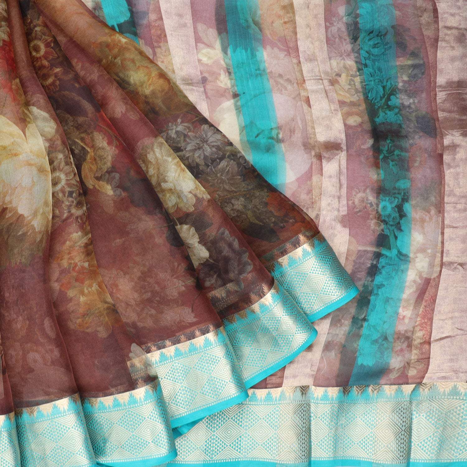 Blush Red Floral Printed Organza Saree - Singhania's