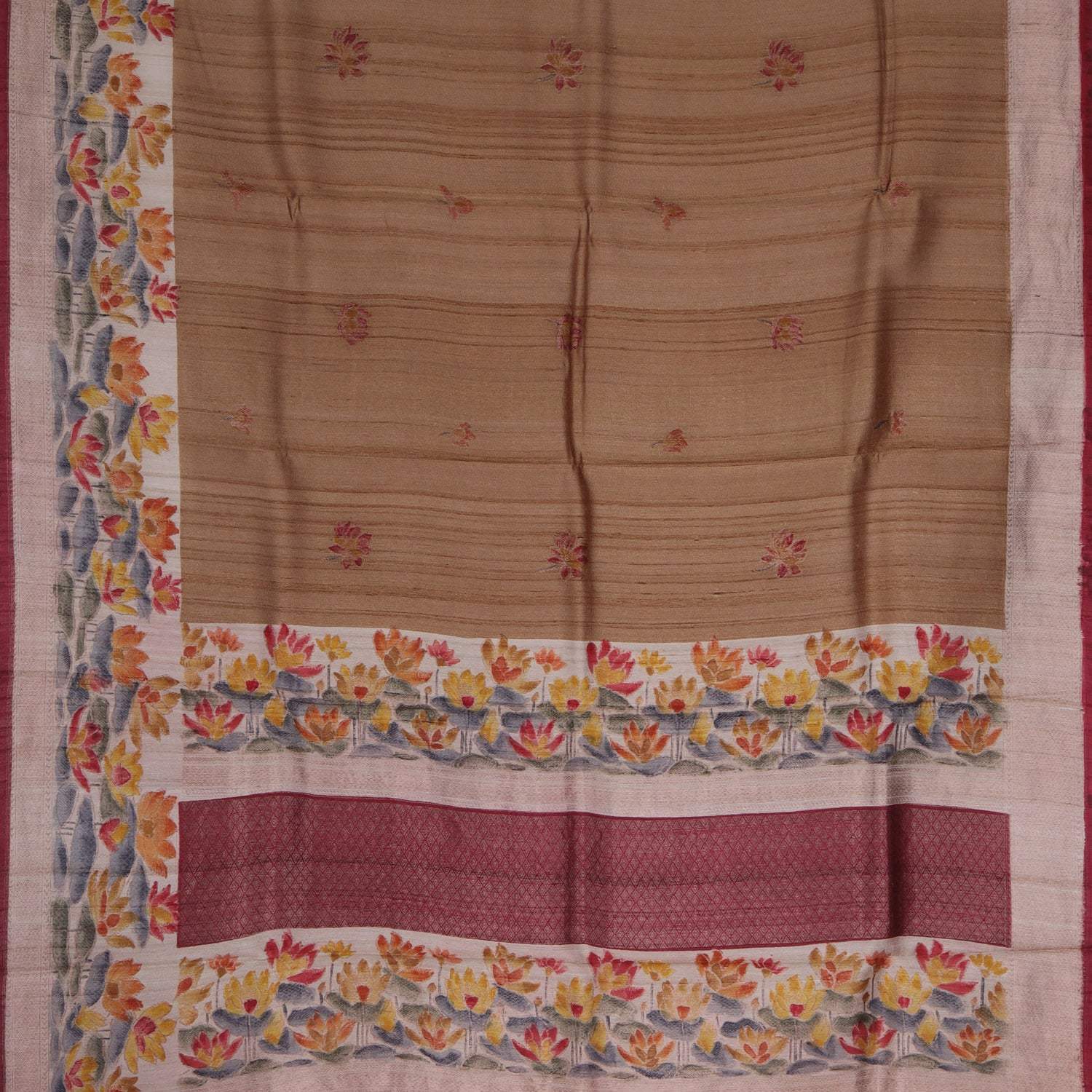 Earthy Brown Tussar Banarasi Silk Handloom Saree With Floral Motifs - Singhania's