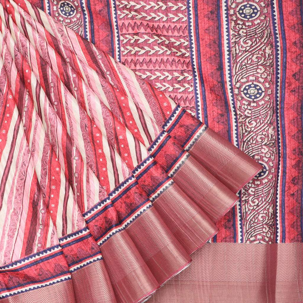 Pink Multicolor Tussar Printed Saree With Diagonal Stripes Pattern - Singhania's