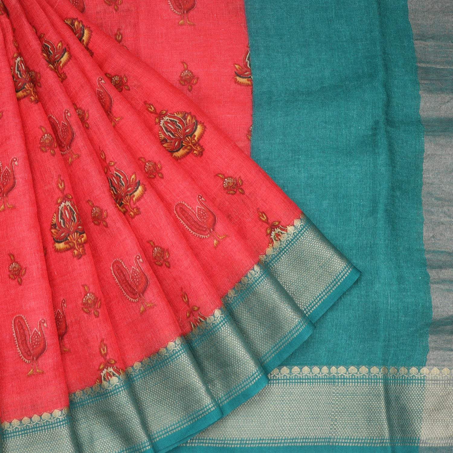 Pale Red Printed Linen Saree - Singhania's
