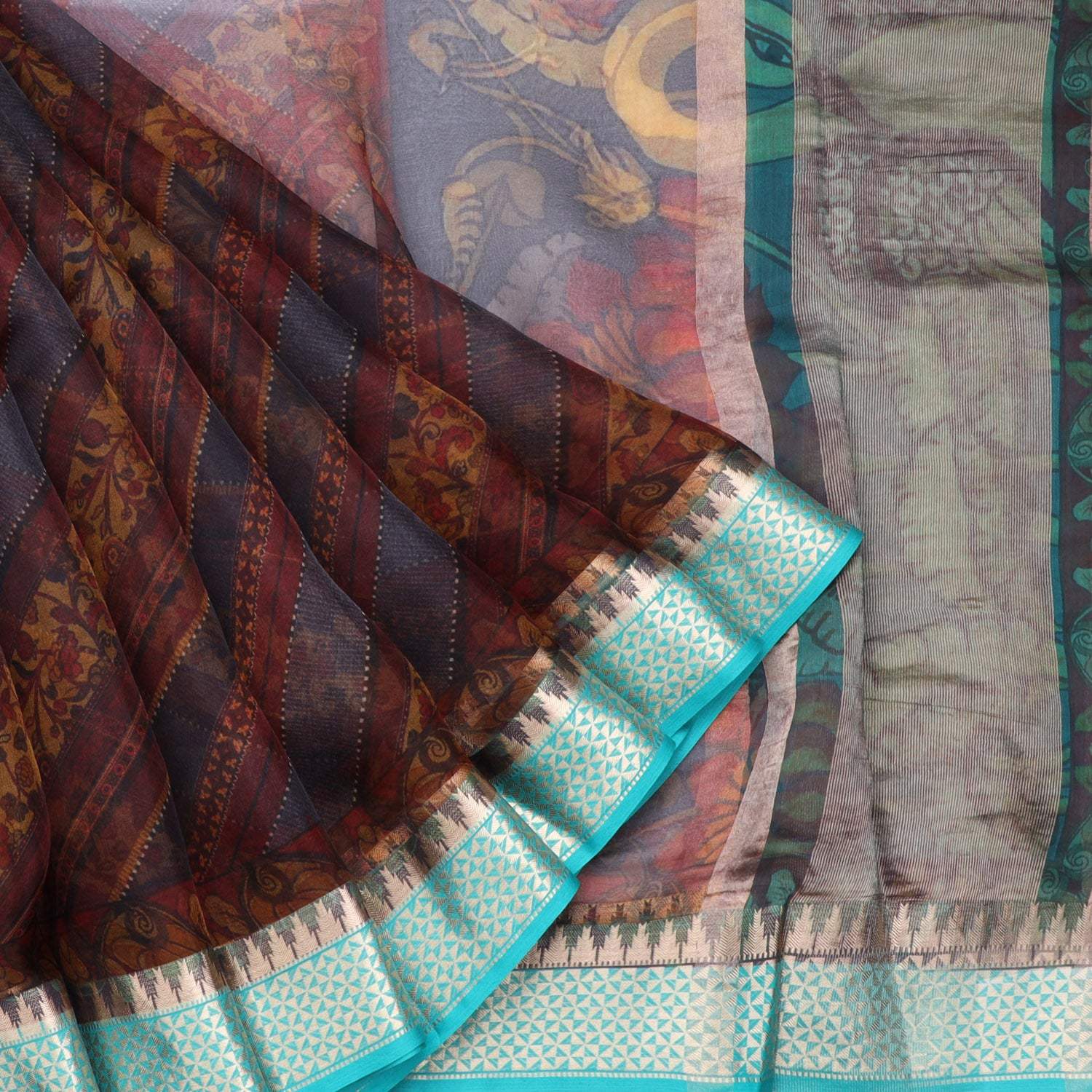 Pastel Blue Diagonal Stripes Printed Organza Saree With Kalamkari Print - Singhania's