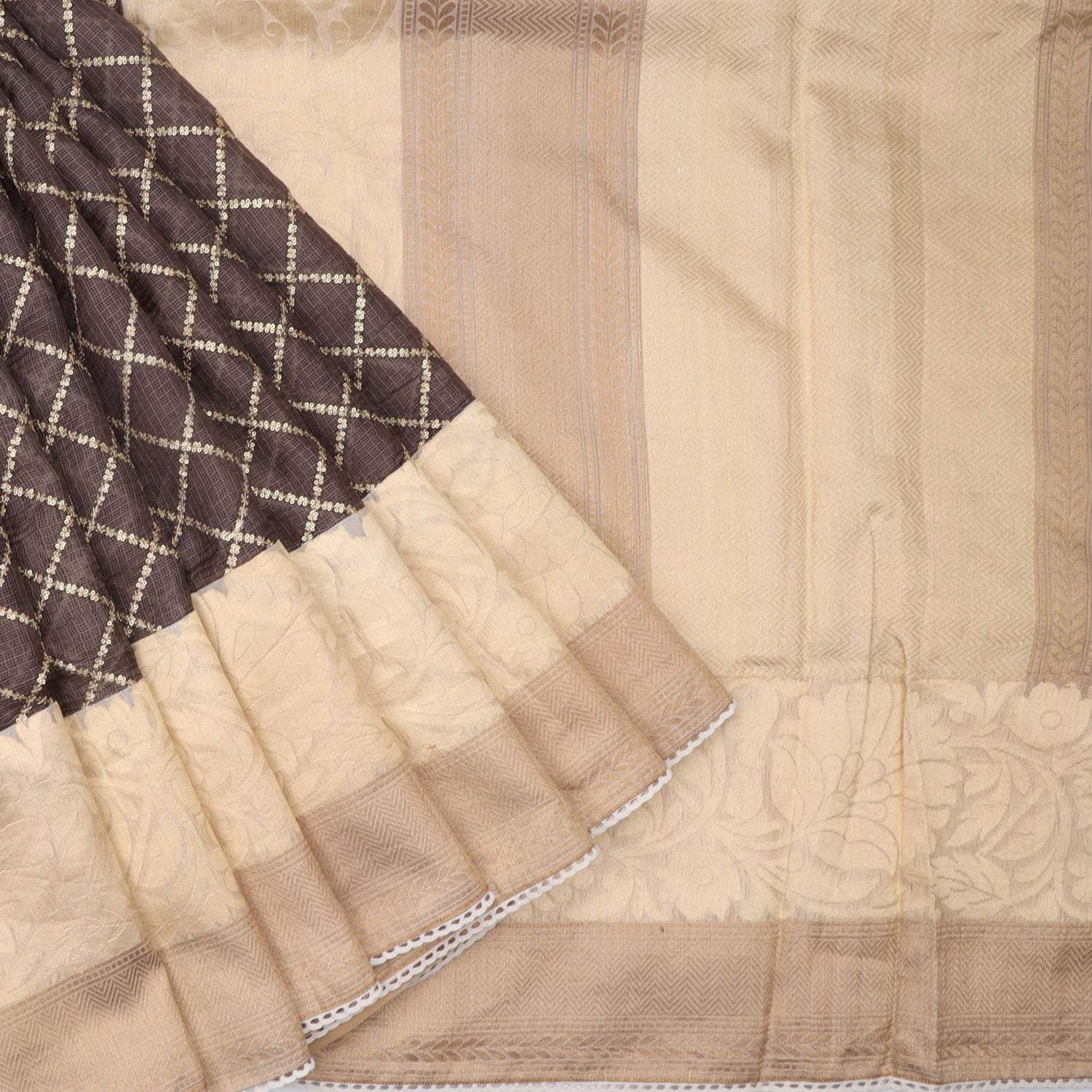 Brown Kota Silk Saree With Embroidery Checks - Singhania's