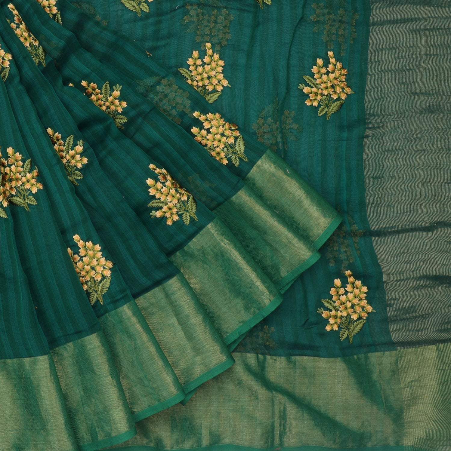 Peacock Green Chanderi Saree With Floral Embroidery - Singhania's