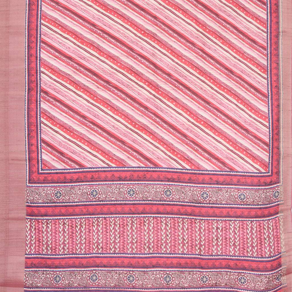 Pink Multicolor Tussar Printed Saree With Diagonal Stripes Pattern - Singhania's