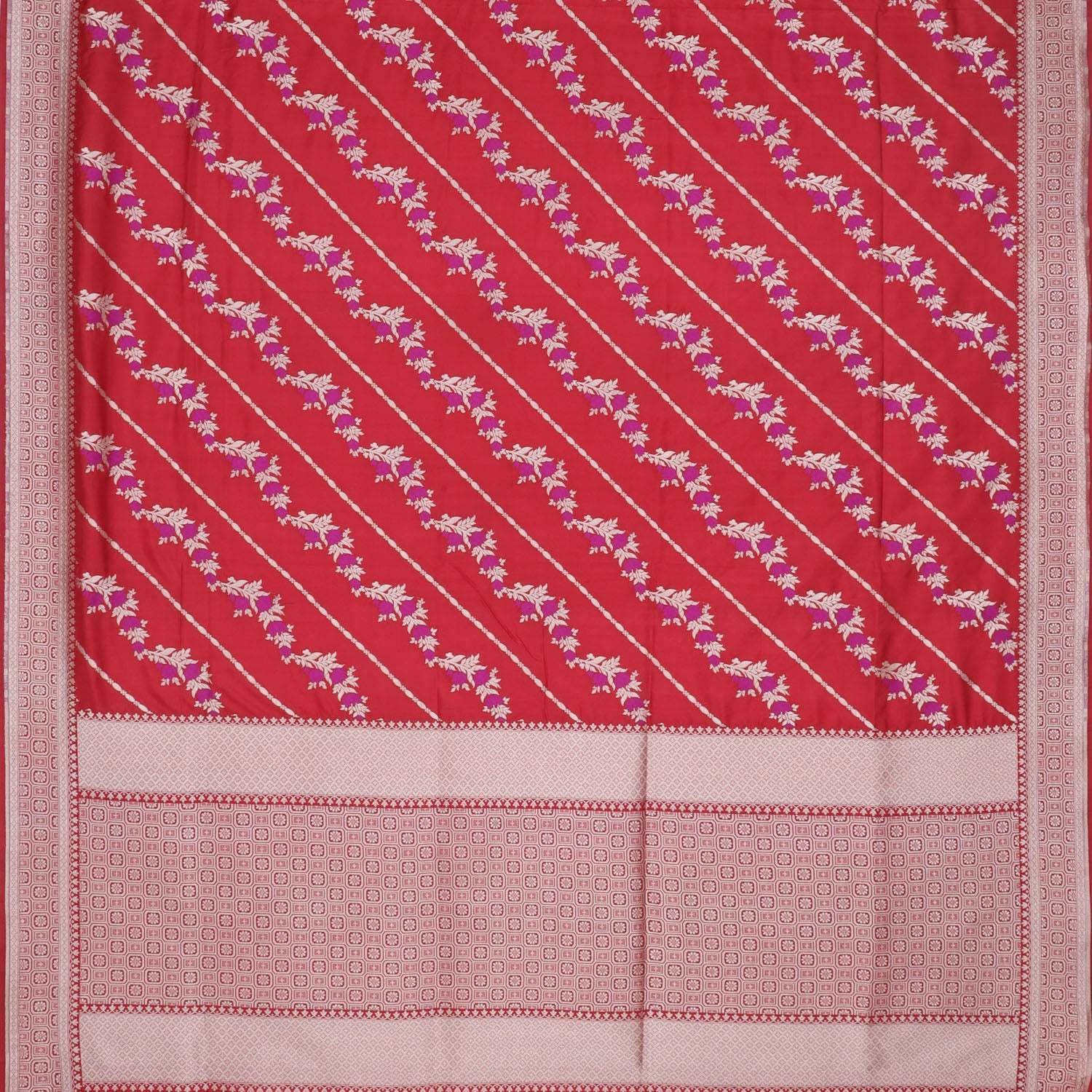 Deep Red Banarasi Silk Handloom Saree With Floral Motifs Pattern - Singhania's