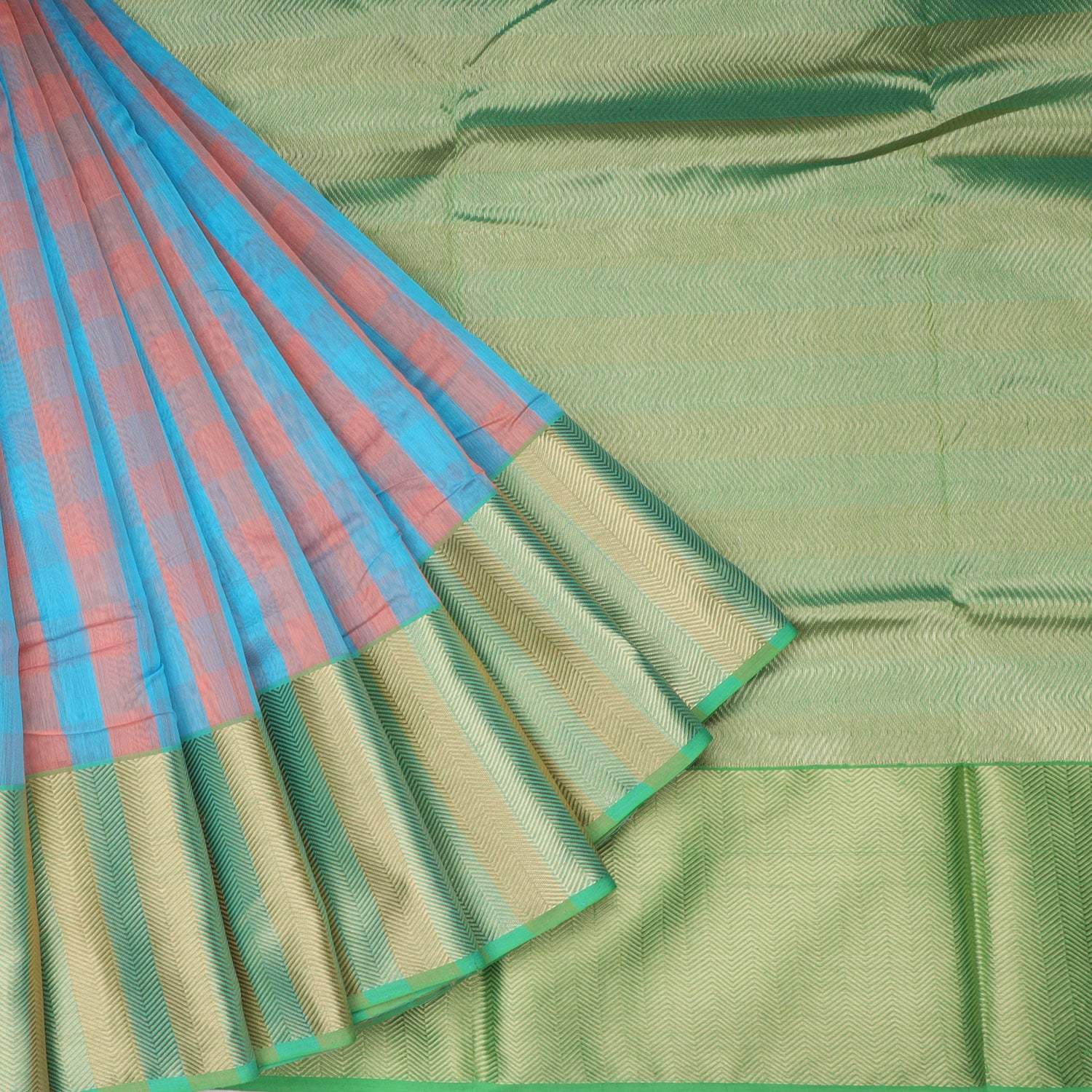 Pink Blue Chanderi Saree With Checks Pattern - Singhania's