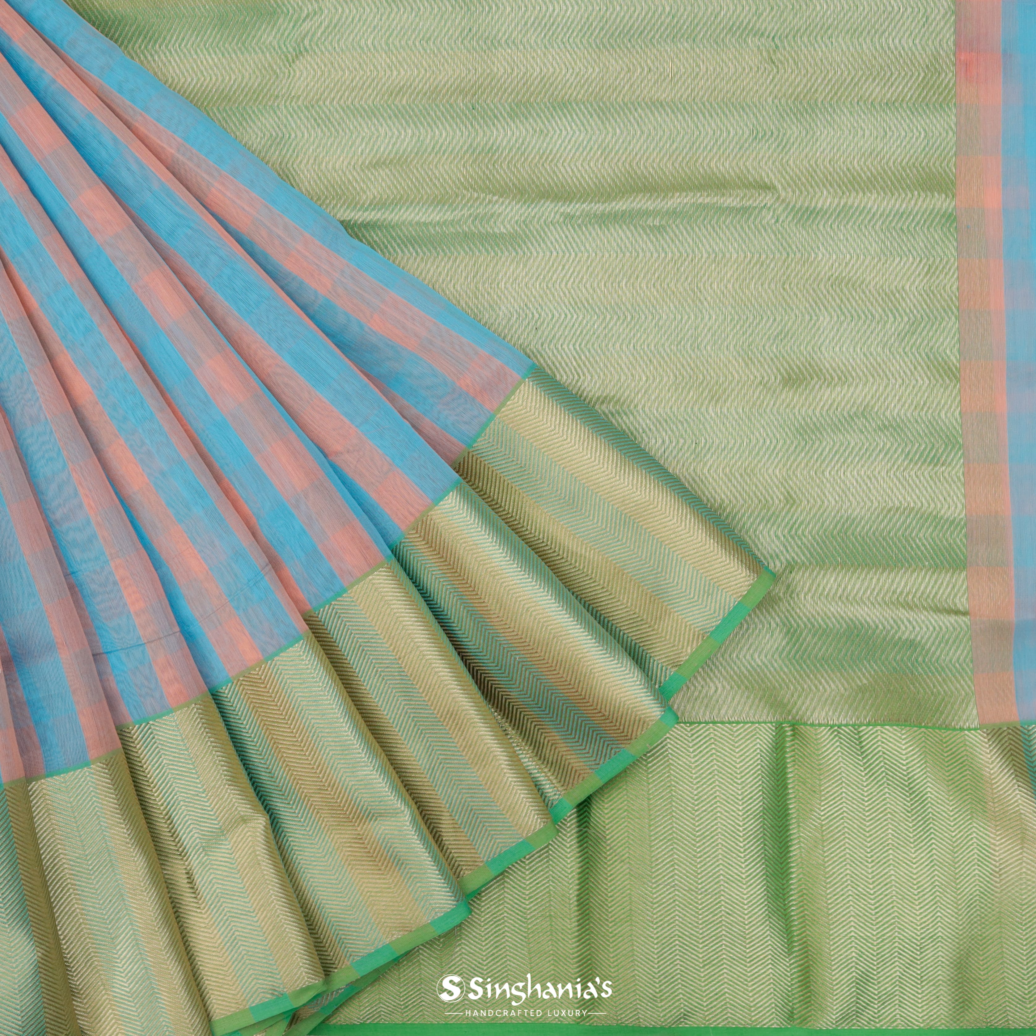 Vivid Sky Chanderi Printed Saree With Checks Pattern