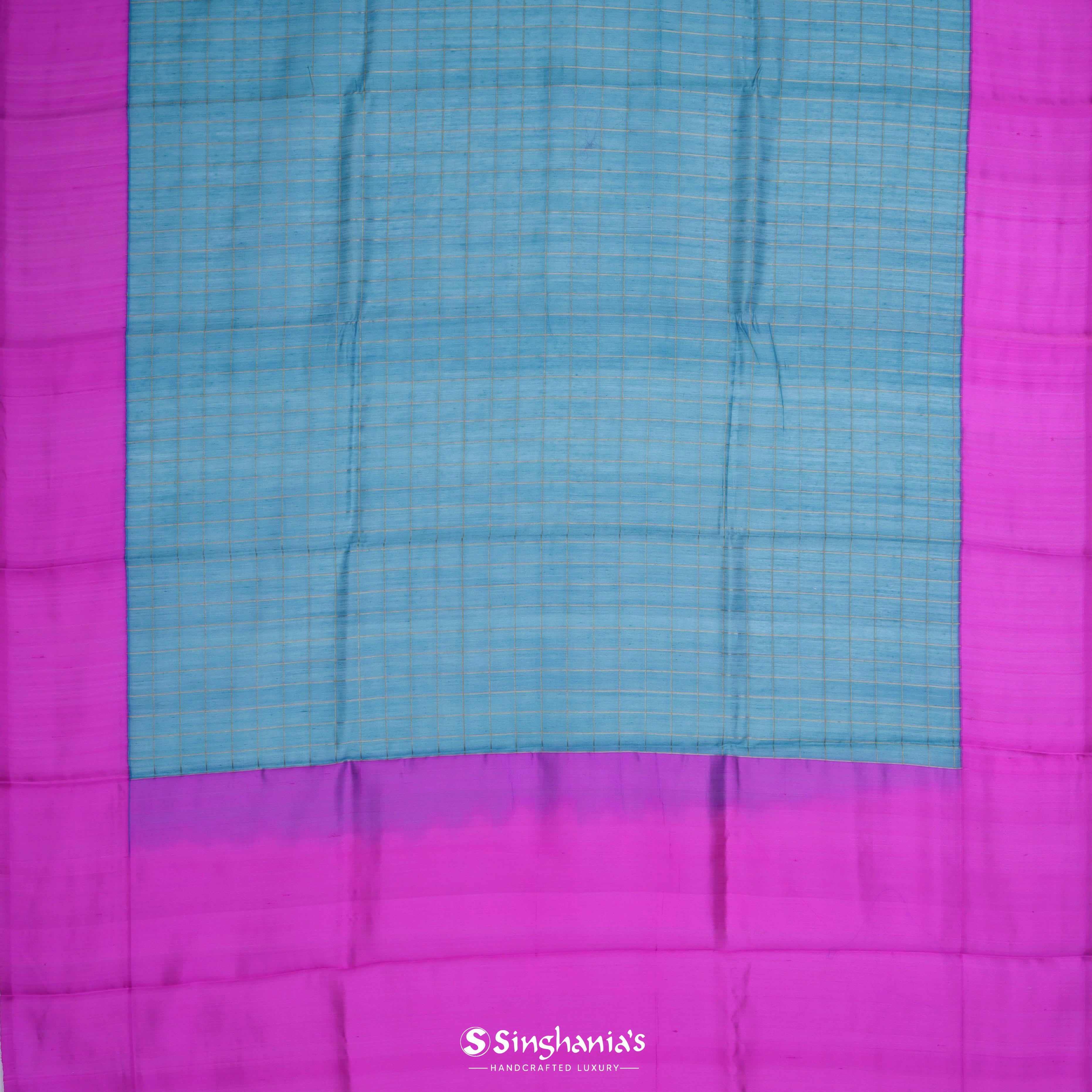 Sapphire Blue Matka Printed Saree With Checks Pattern