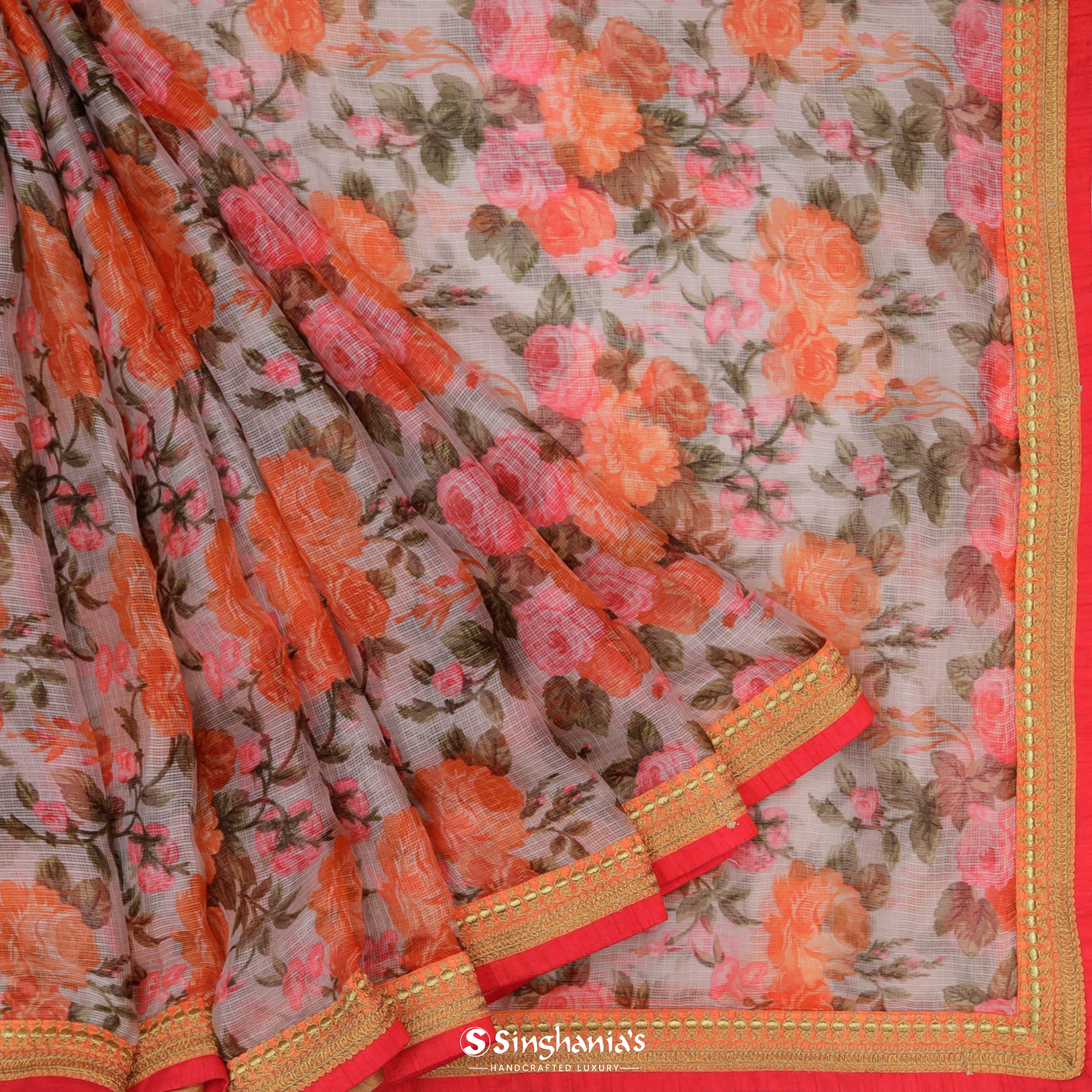 Pastel Blush Kota Silk Saree With Floral Pattern