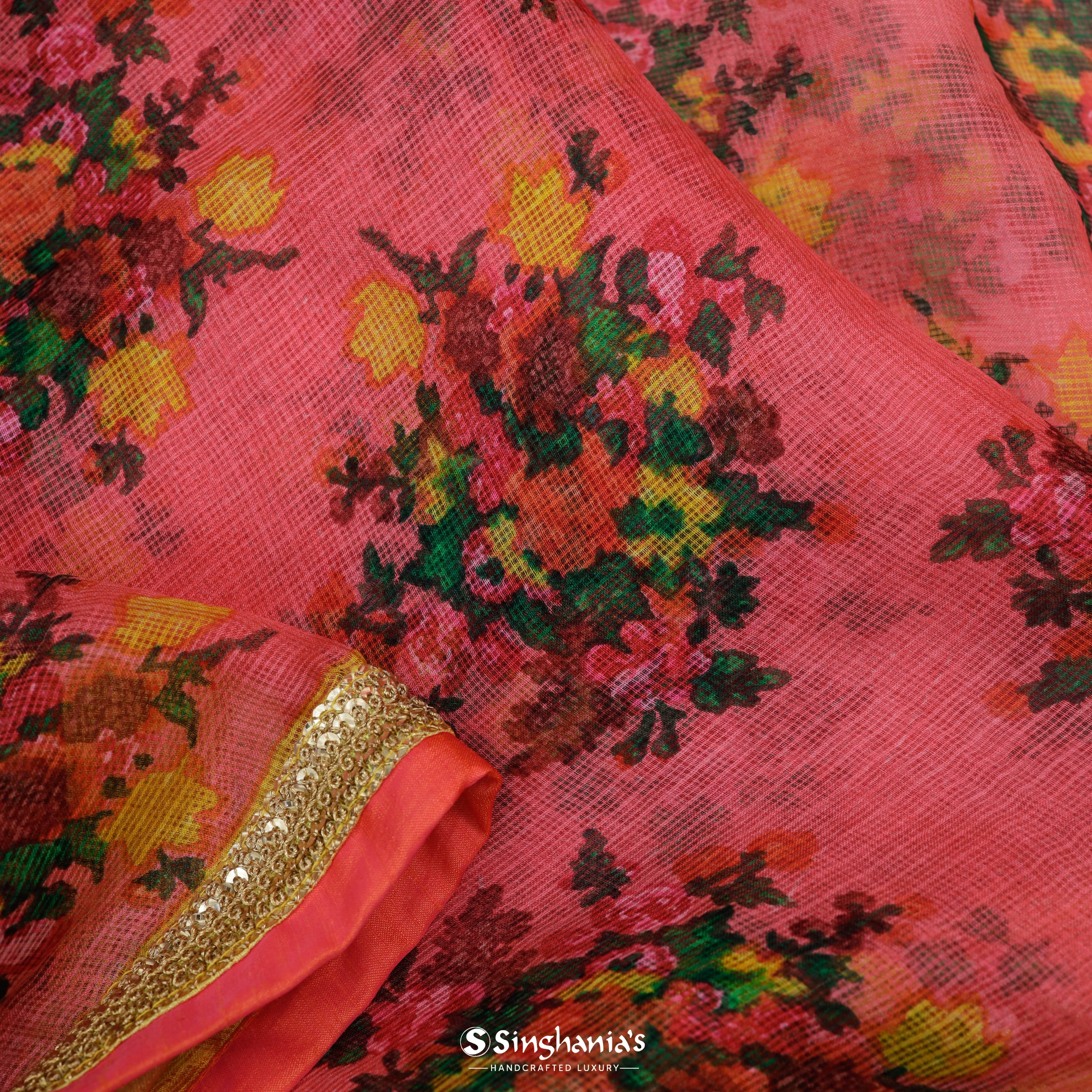 Deep Bubblegum Pink Kota Printed Silk Saree With Floral Jaal Pattern