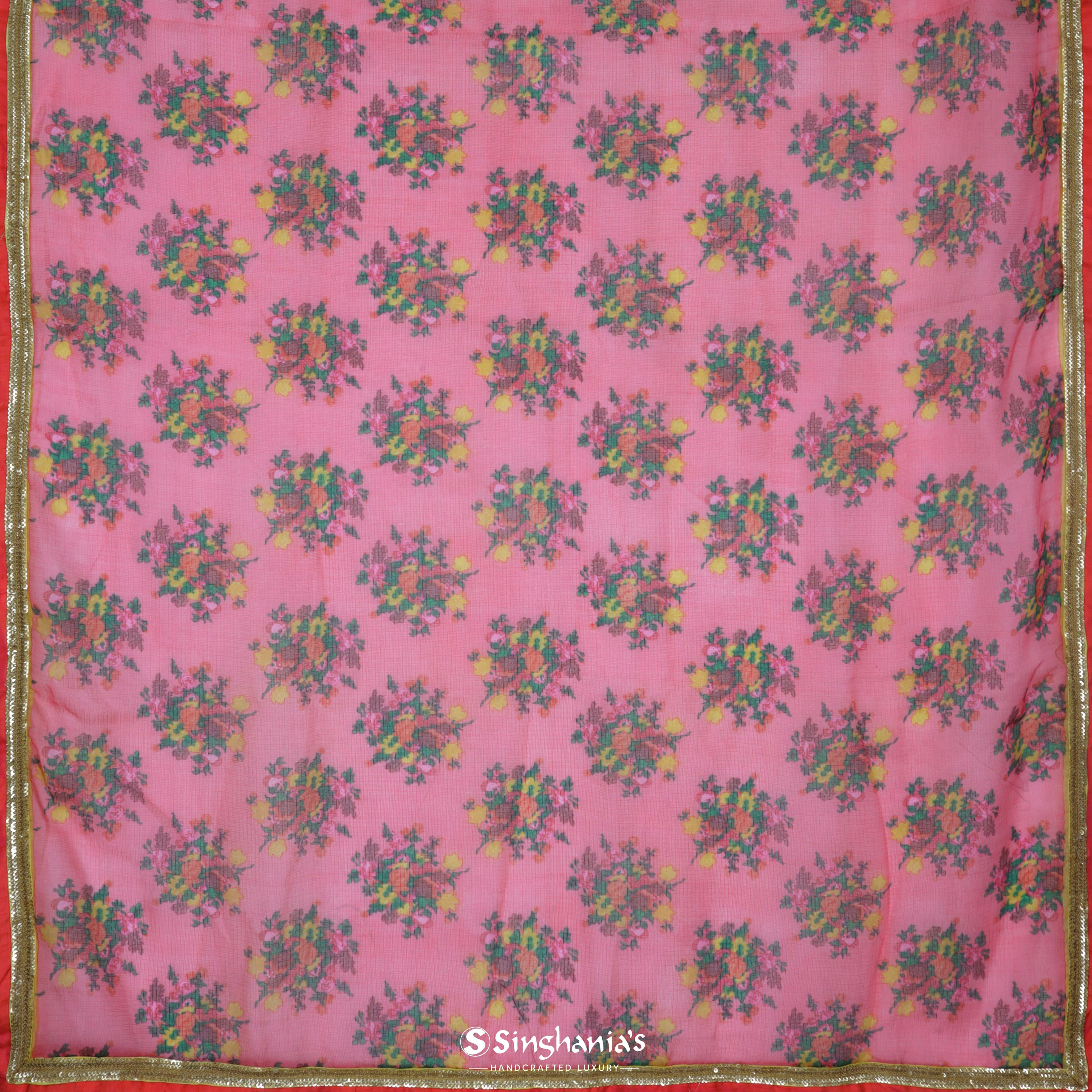 Deep Bubblegum Pink Kota Printed Silk Saree With Floral Jaal Pattern