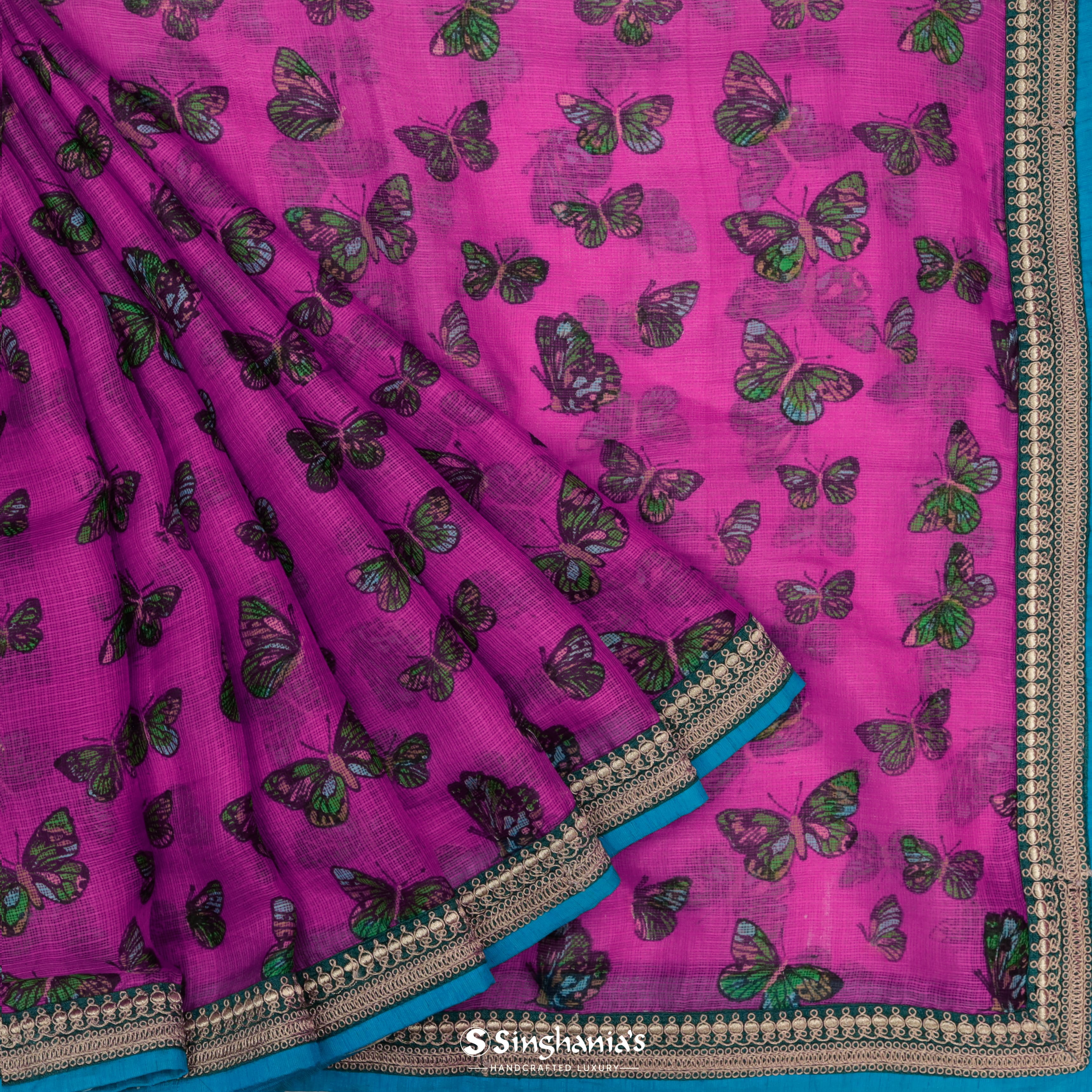 Fuschia Pink Kota Printed Saree With Nature Inspired Printed Motif Pattern