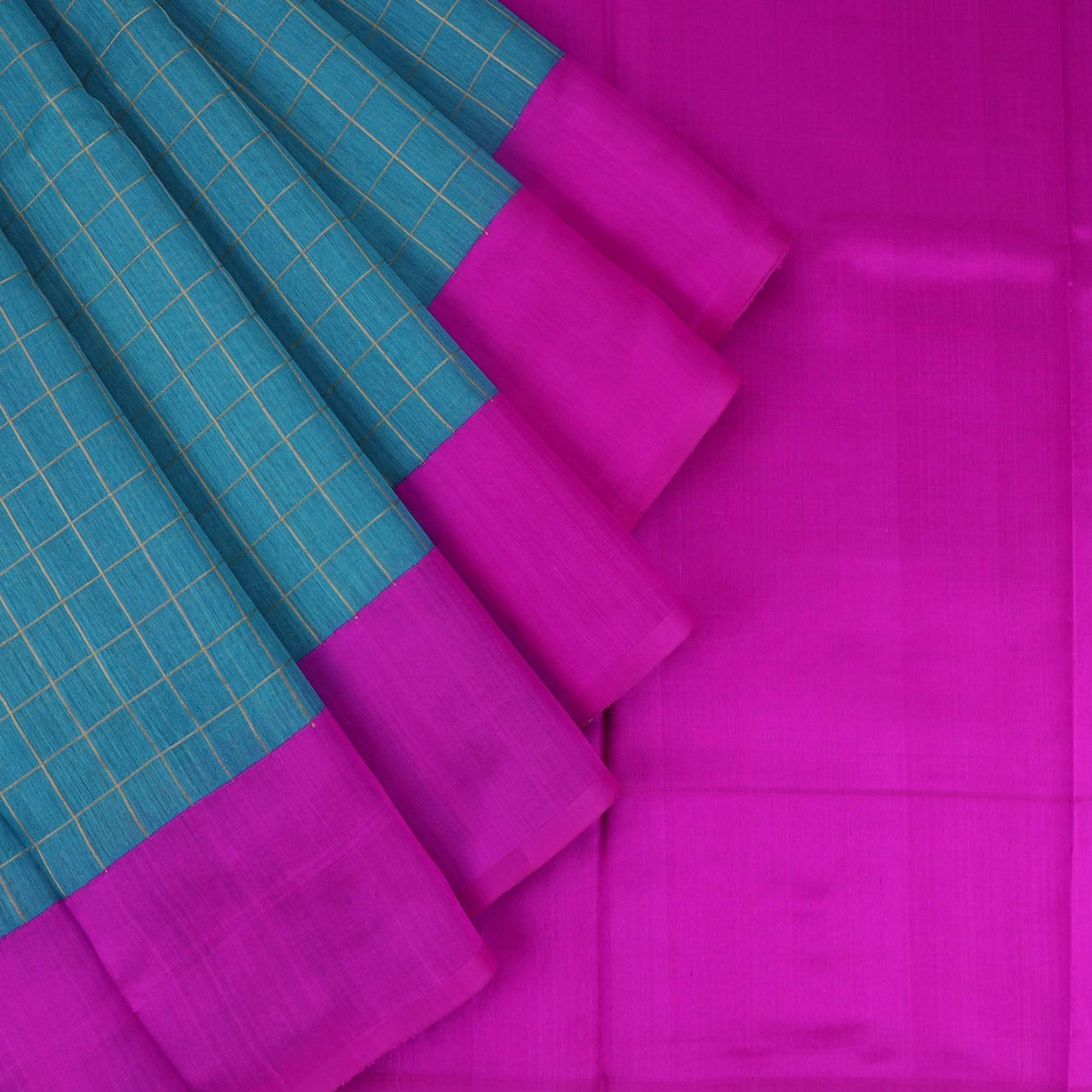 Teal Blue Banarasi Tussar Handloom Saree With Checks - Singhania's