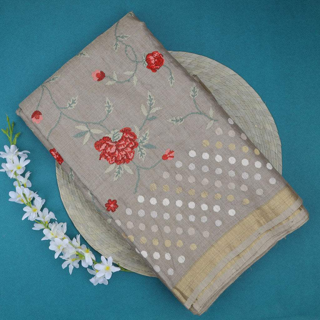 Light Brown Embroidered Tissue Saree - Singhania's