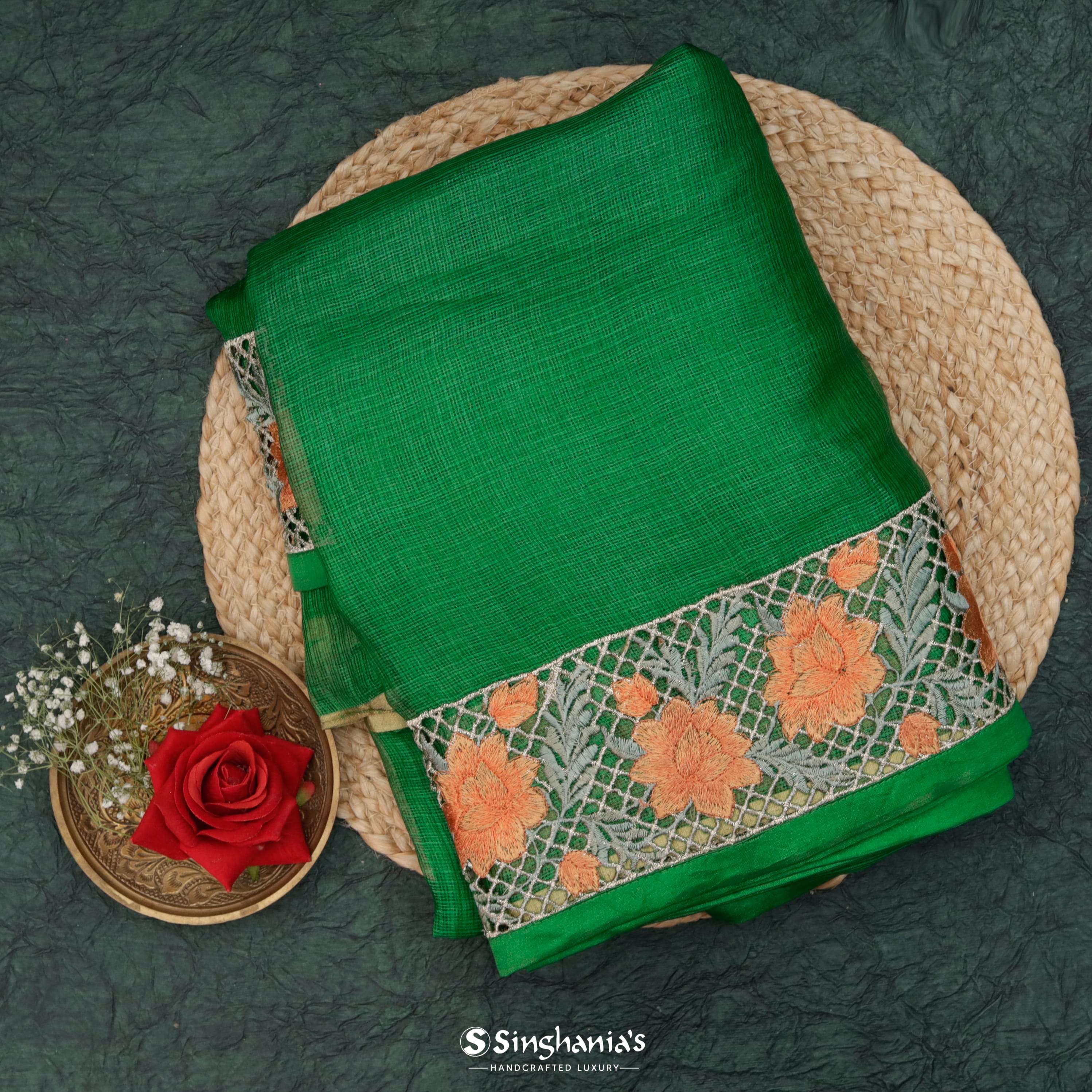 Forest Green Kota Embroidery Silk Saree With Floral Creeper Pattern