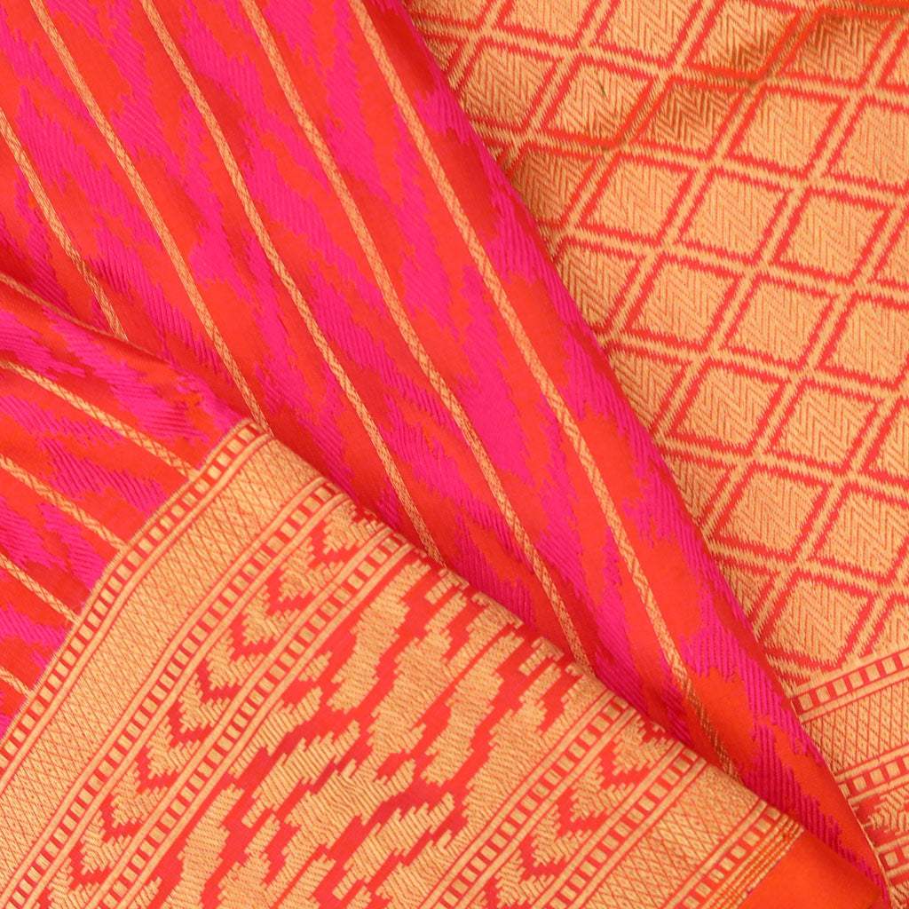Dual Toned Pink And Orange Banarasi Silk Handloom Saree With Stripes - Singhania's