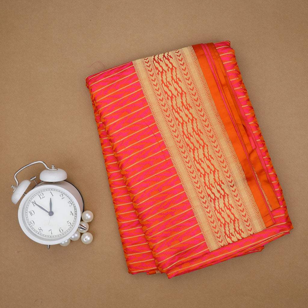 Dual Toned Pink And Orange Banarasi Silk Handloom Saree With Stripes - Singhania's