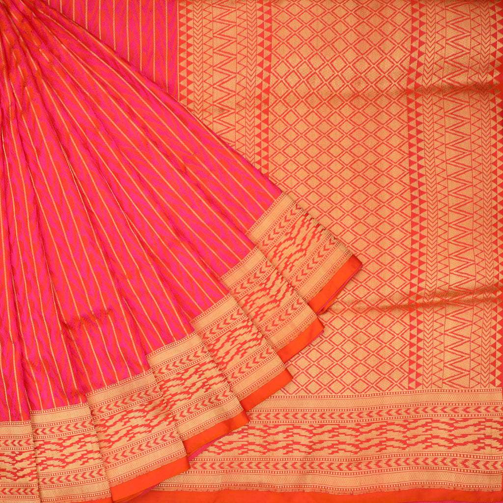 Dual Toned Pink And Orange Banarasi Silk Handloom Saree With Stripes - Singhania's