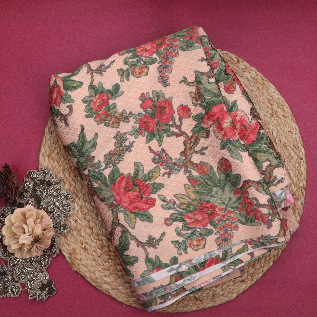 Pale Pink Georgette Saree With Printed Floral Motifs - Singhania's
