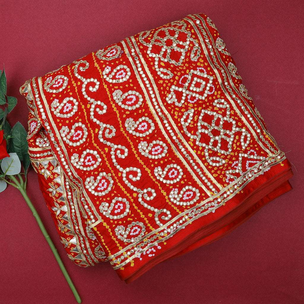 Scarlet Red Bandhani Silk Handloom Saree - Singhania's