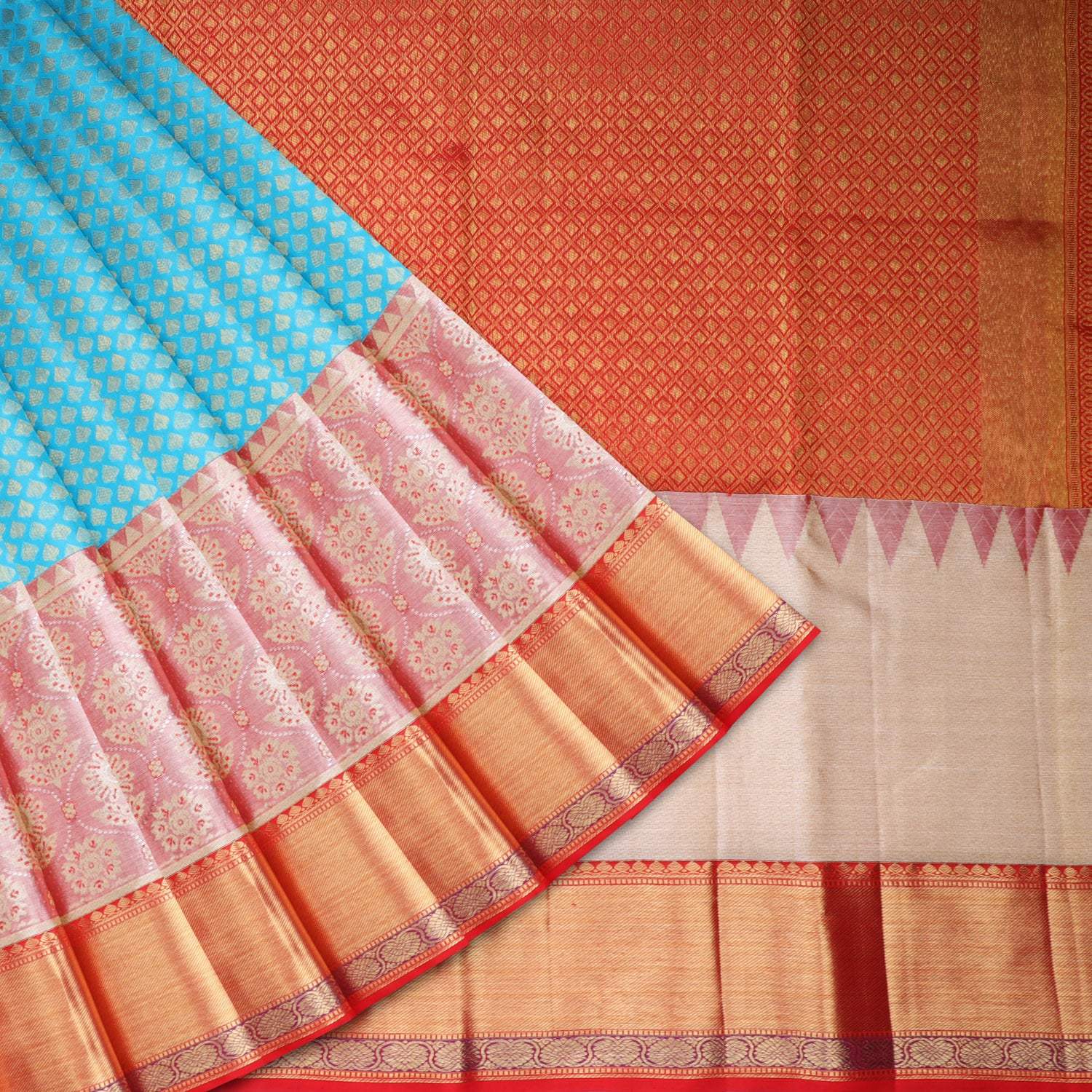 Cyan Blue Kanjivaram Silk Saree With Leaf Buttis - Singhania's