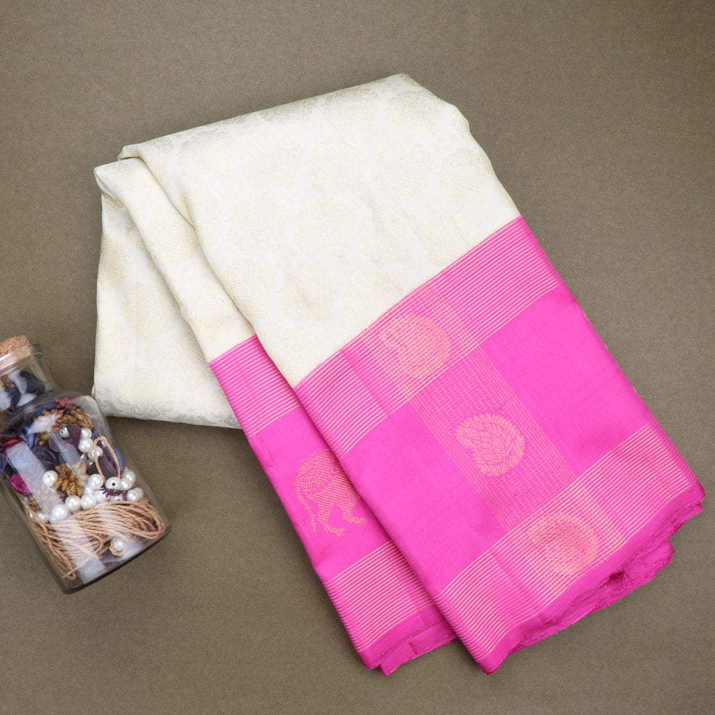 Light Cream Kanjivaram Silk Saree With Floral Buttas - Singhania's