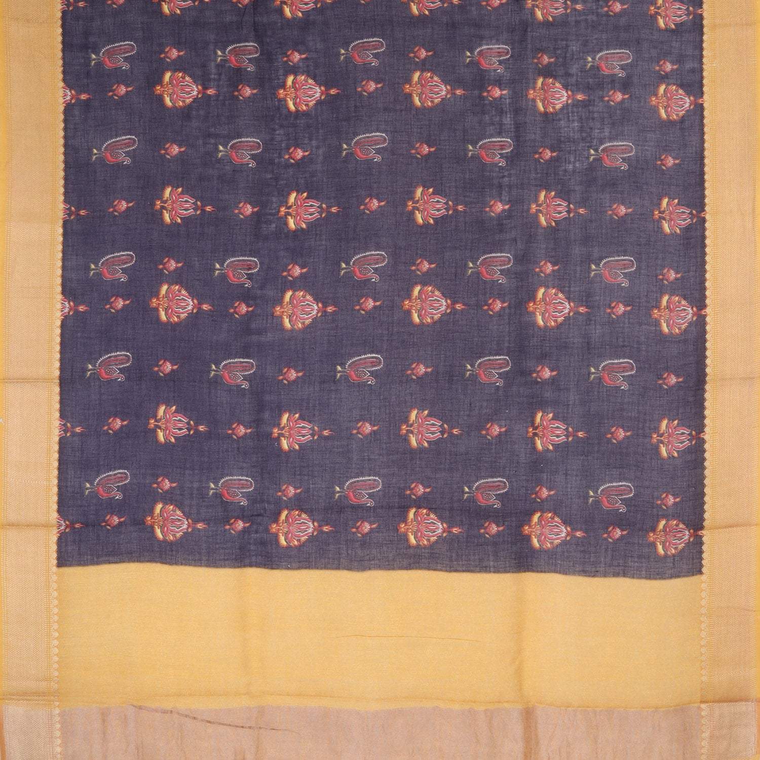 Dark Denim Blue Linen Printed Saree - Singhania's
