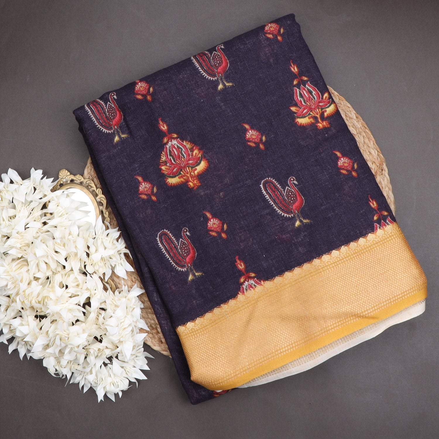 Dark Denim Blue Linen Printed Saree - Singhania's