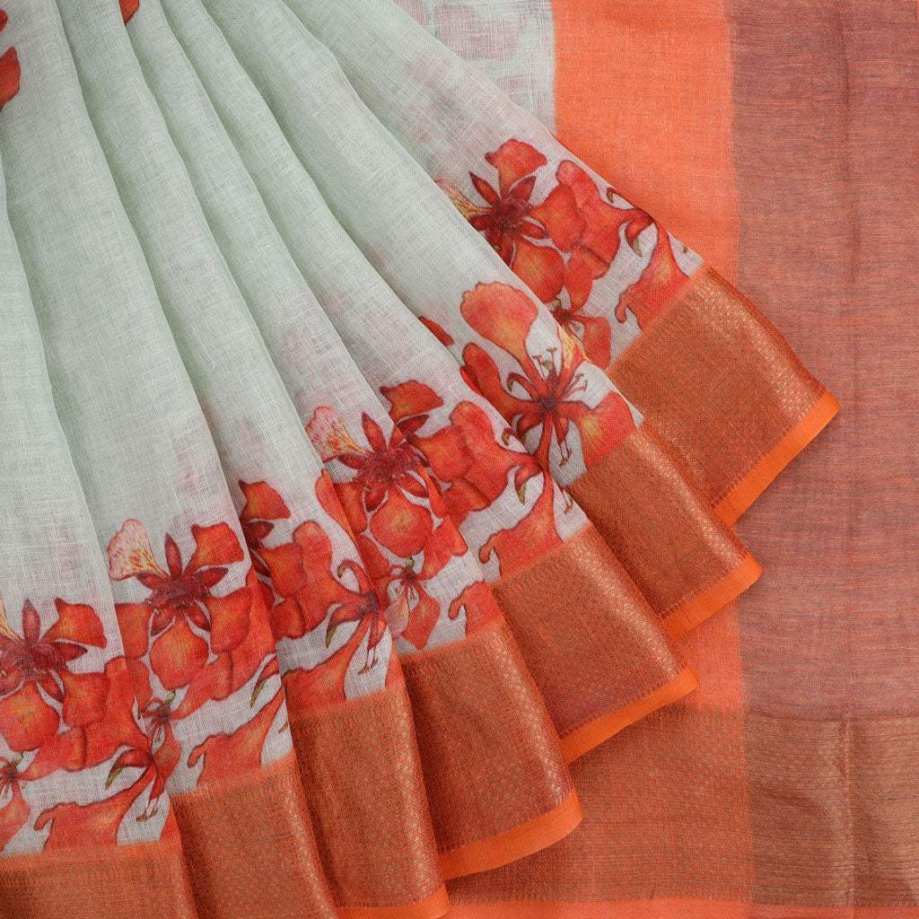 Pale Green Floral Printed Linen Saree - Singhania's