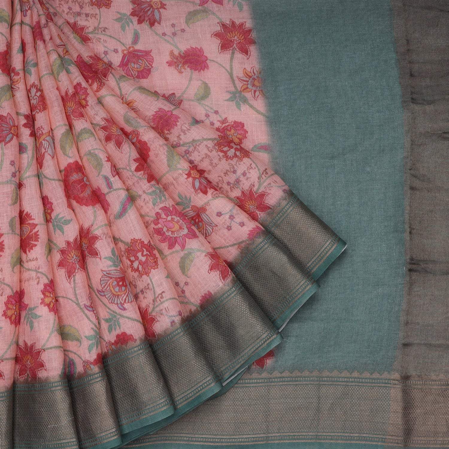 Pastel Pink Printed Linen Saree - Singhania's