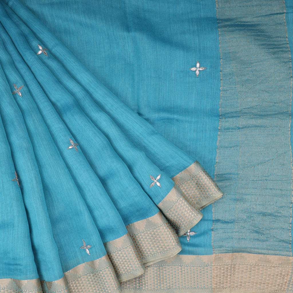 Sky Blue Hand Embroidered Moonga Saree With Gota Patti - Singhania's