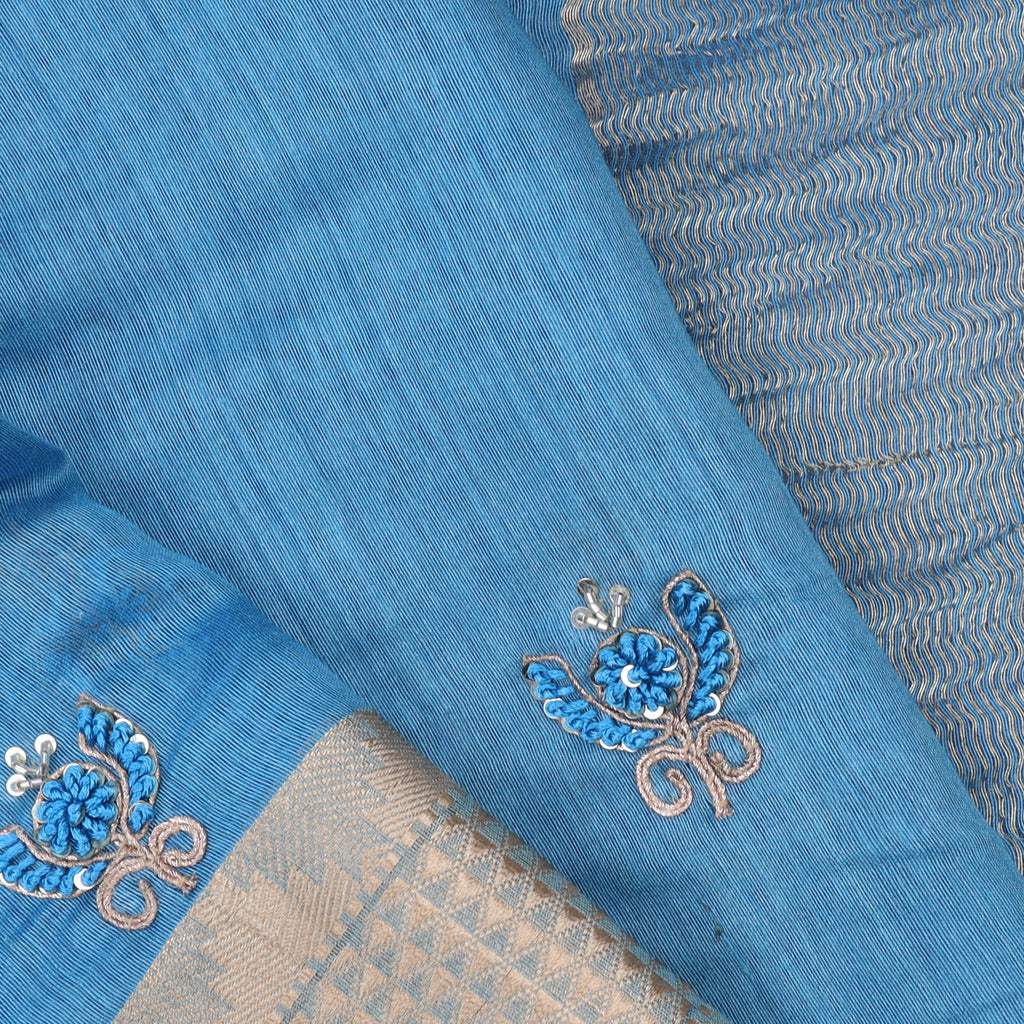 Cerulean Blue Floral Embroidered Moonga Saree - Singhania's