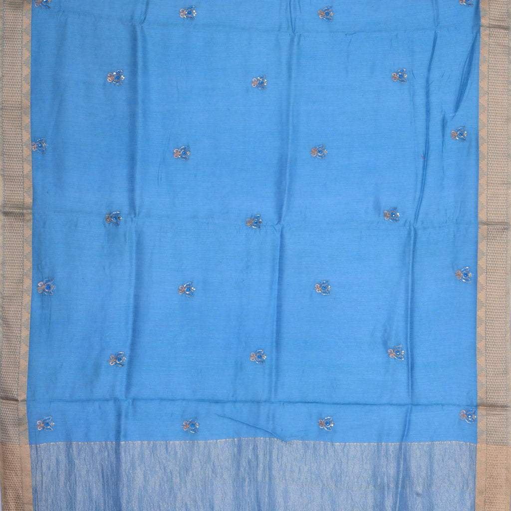 Cerulean Blue Floral Embroidered Moonga Saree - Singhania's