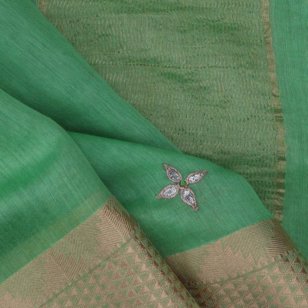 Jade Green Hand Embroidered Moonga Silk Saree With Gota Patti - Singhania's