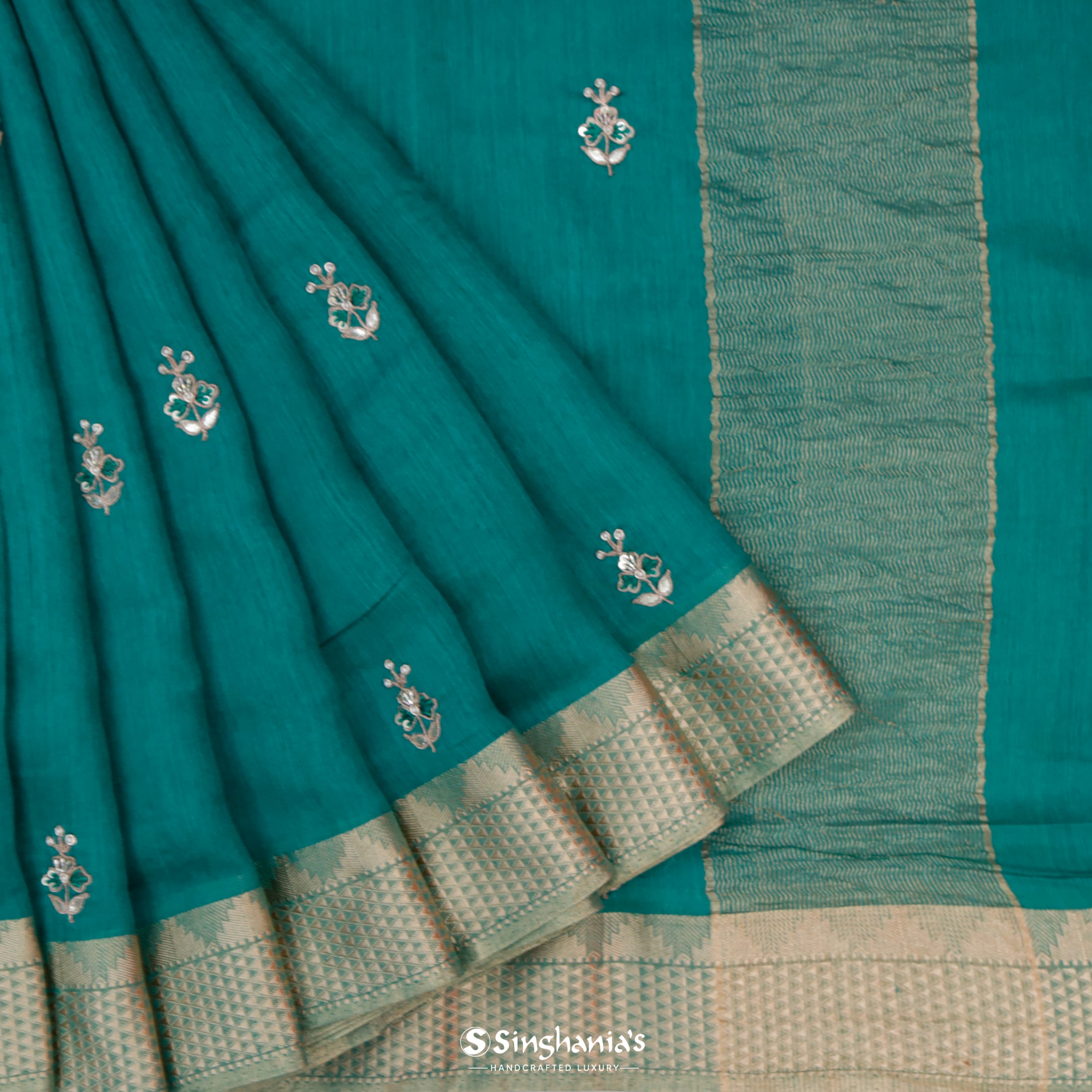 Myrtle Green Moonga Embroidery Silk Saree With Floral Buttas