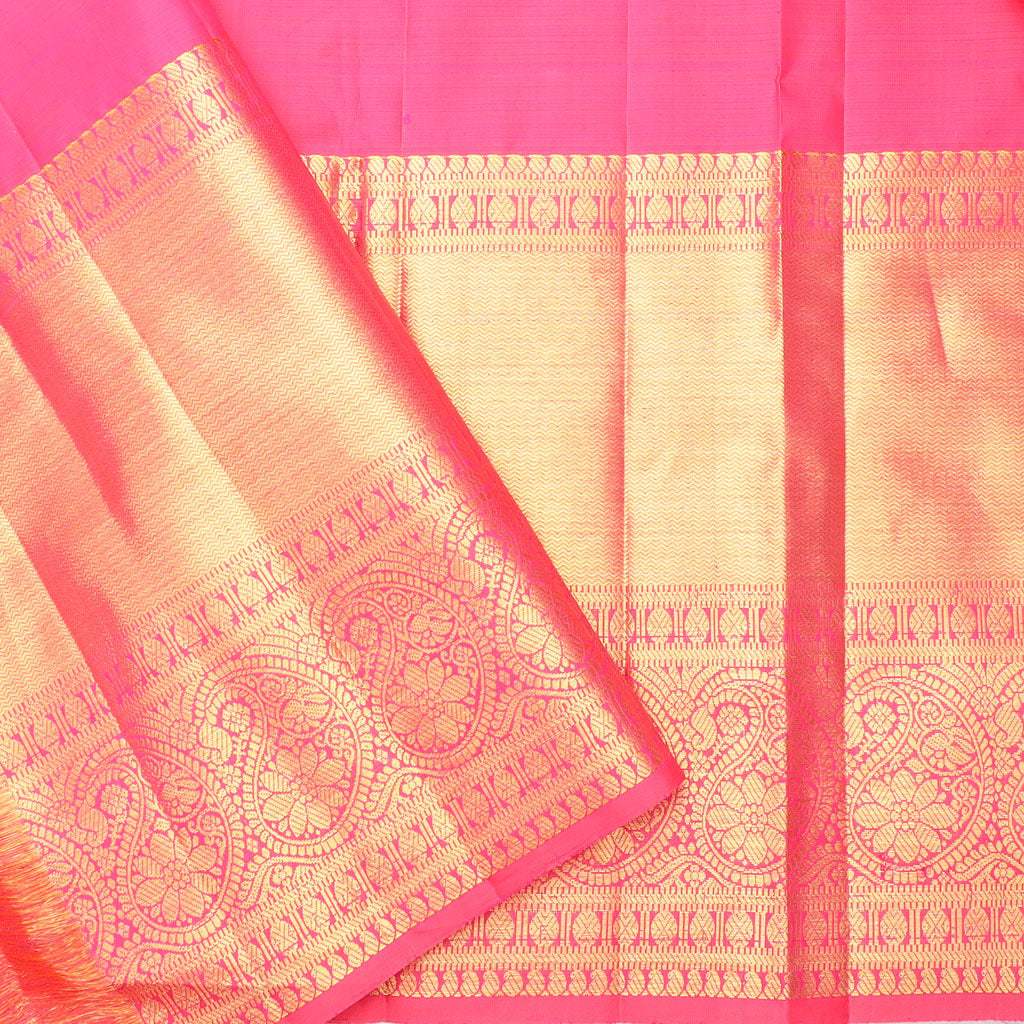 Vivid Pink Kanjivaram Silk Handloom Saree With Paisley Motifs - Singhania's