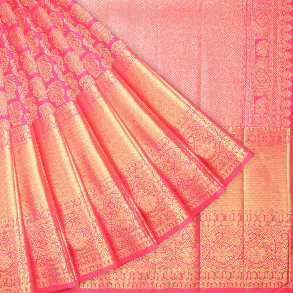 Vivid Pink Kanjivaram Silk Handloom Saree With Paisley Motifs - Singhania's