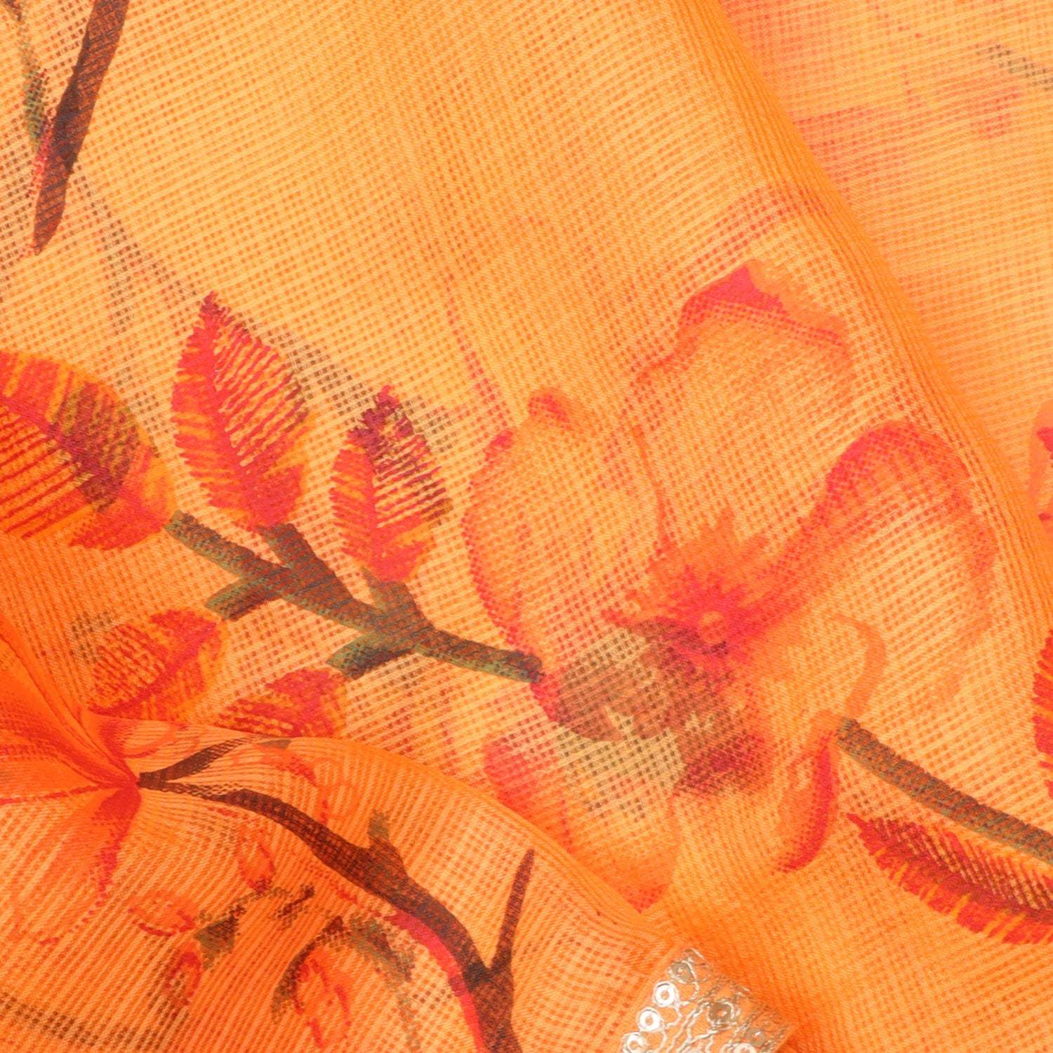 Orange Kota Silk Saree With Floral Prints - Singhania's