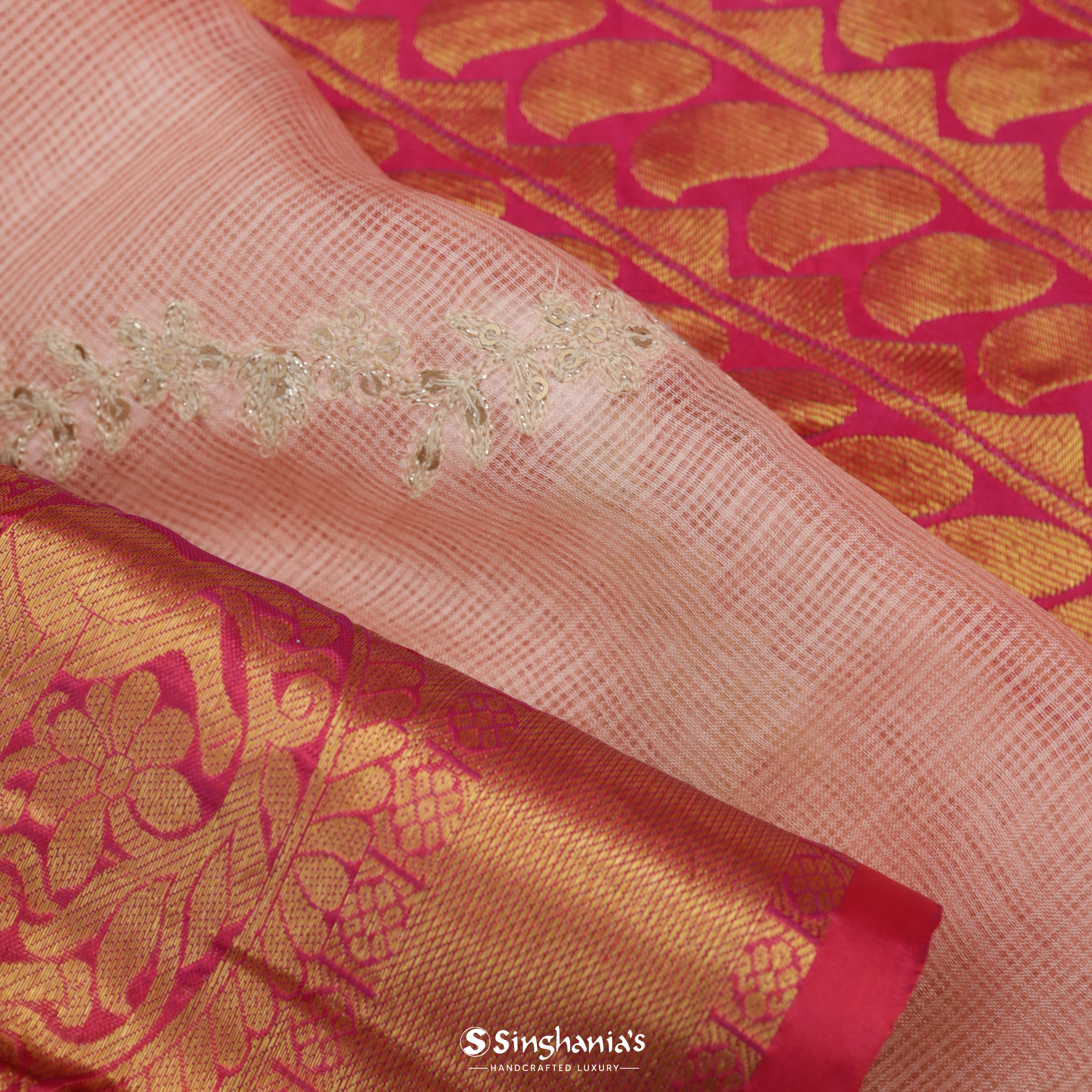 Pastel Peach Silk Banarasi Saree With Stripes Pattern