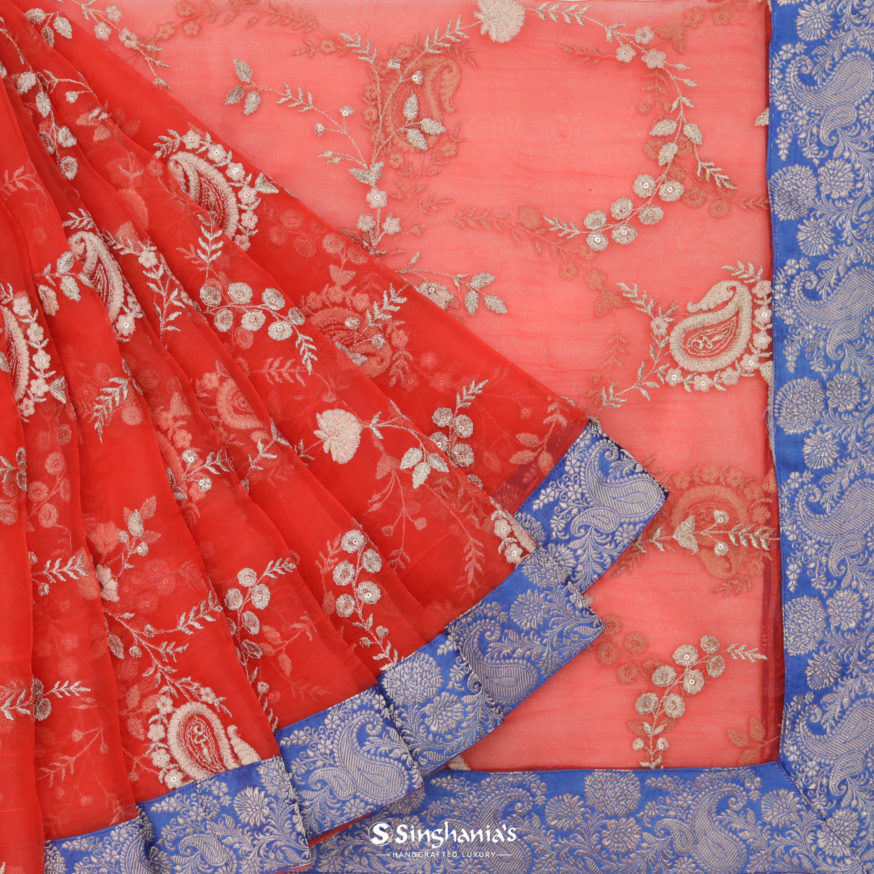 Bridal Red Organza Printed Saree With Floral Jaal Design