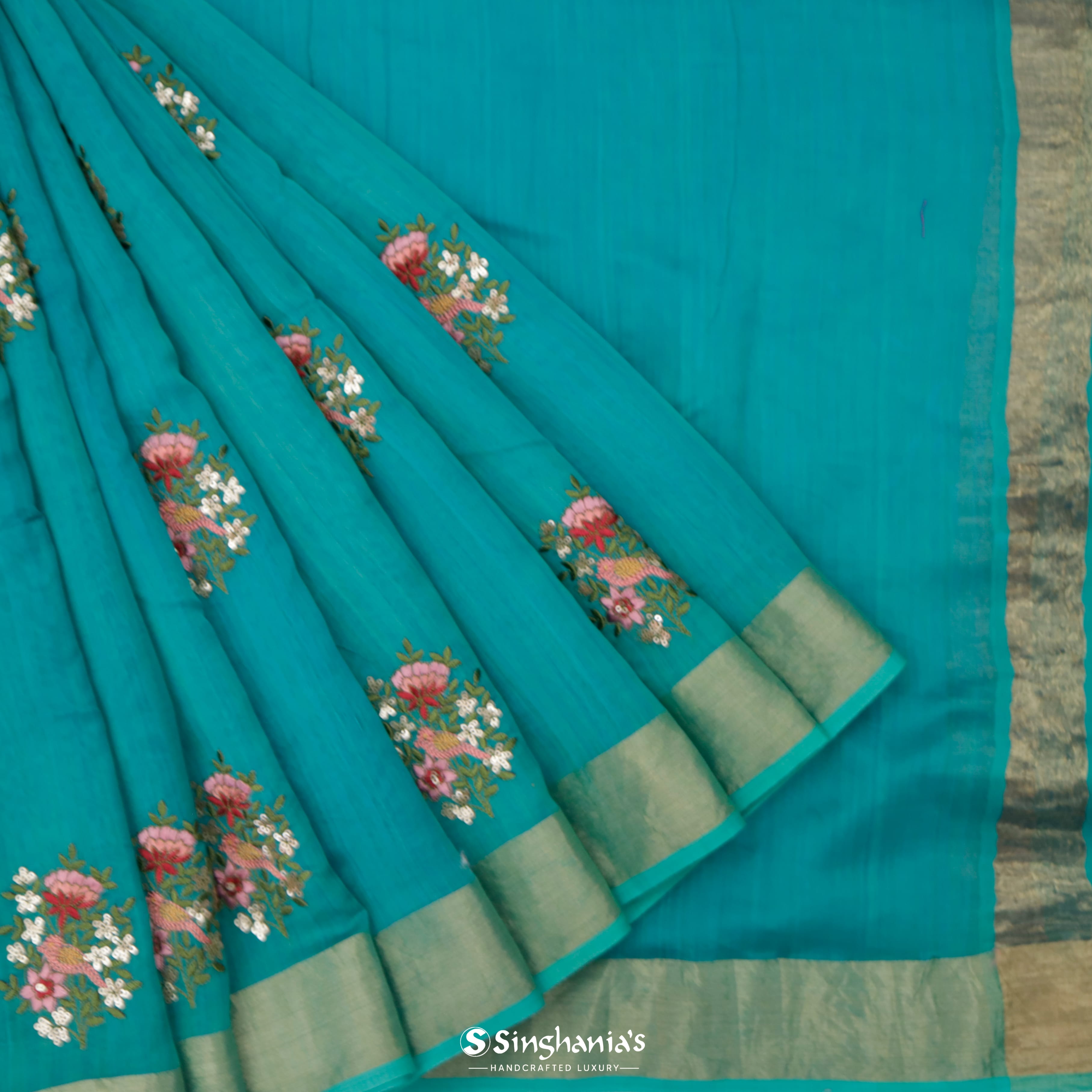 Teal Blue Silk Embroidery Saree With Floral Buttas